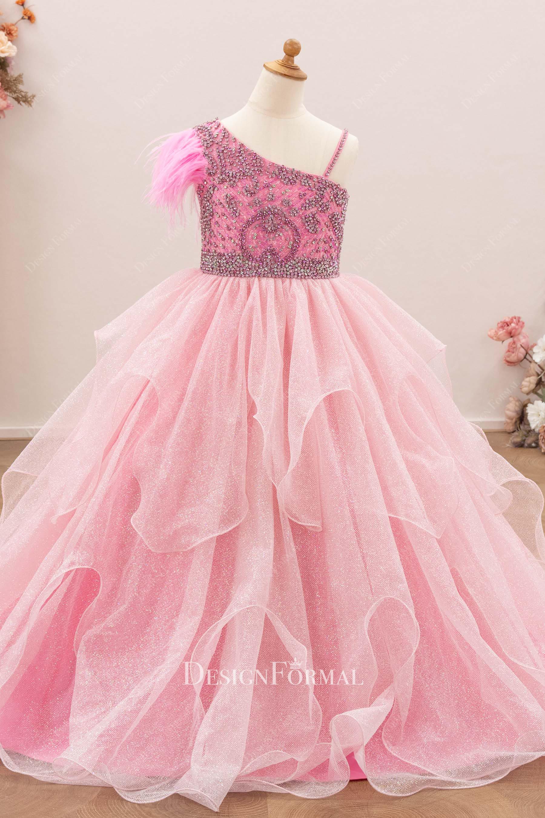 ruffled glitter pink tulle pageant gown