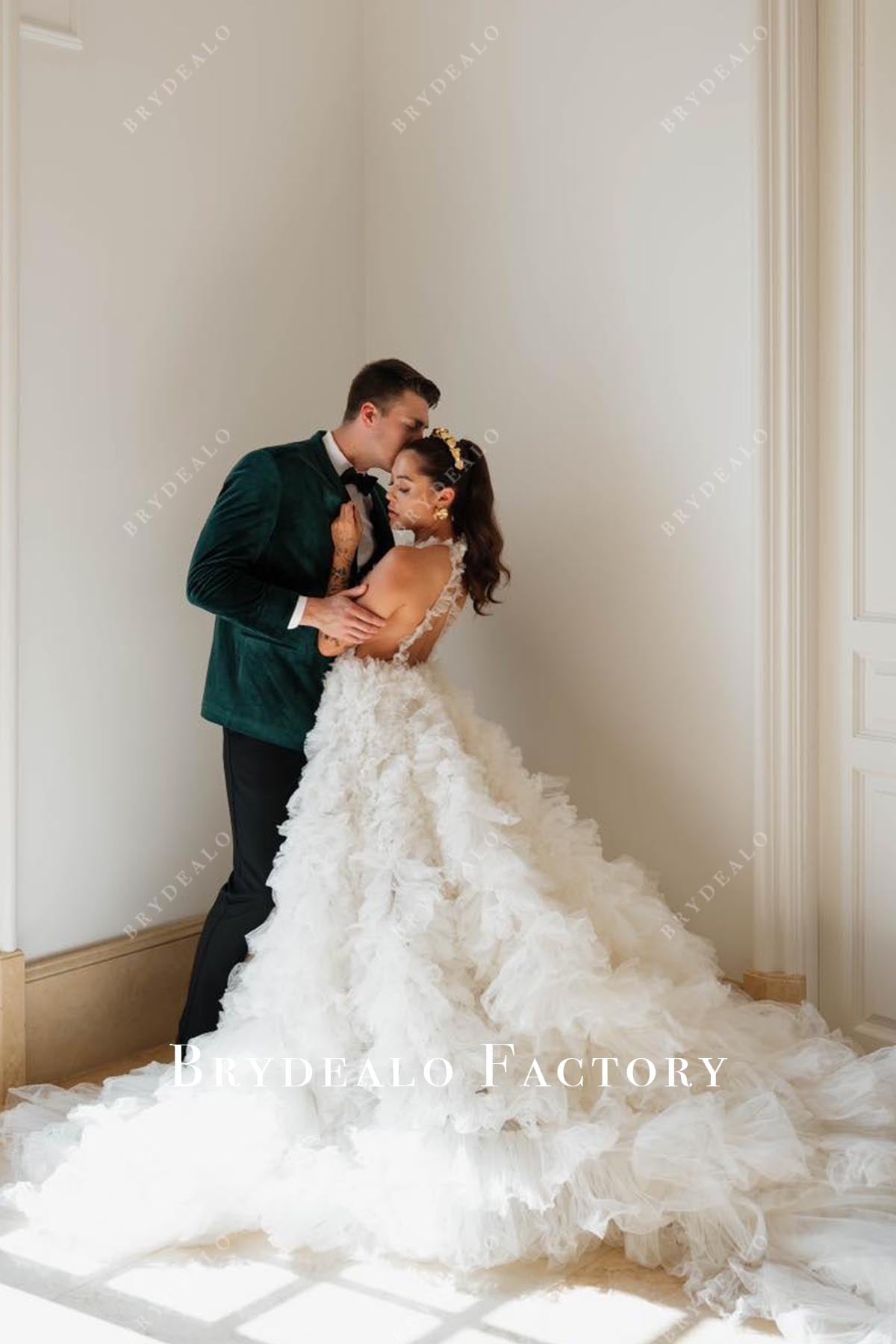 ruffled long train wedding dress