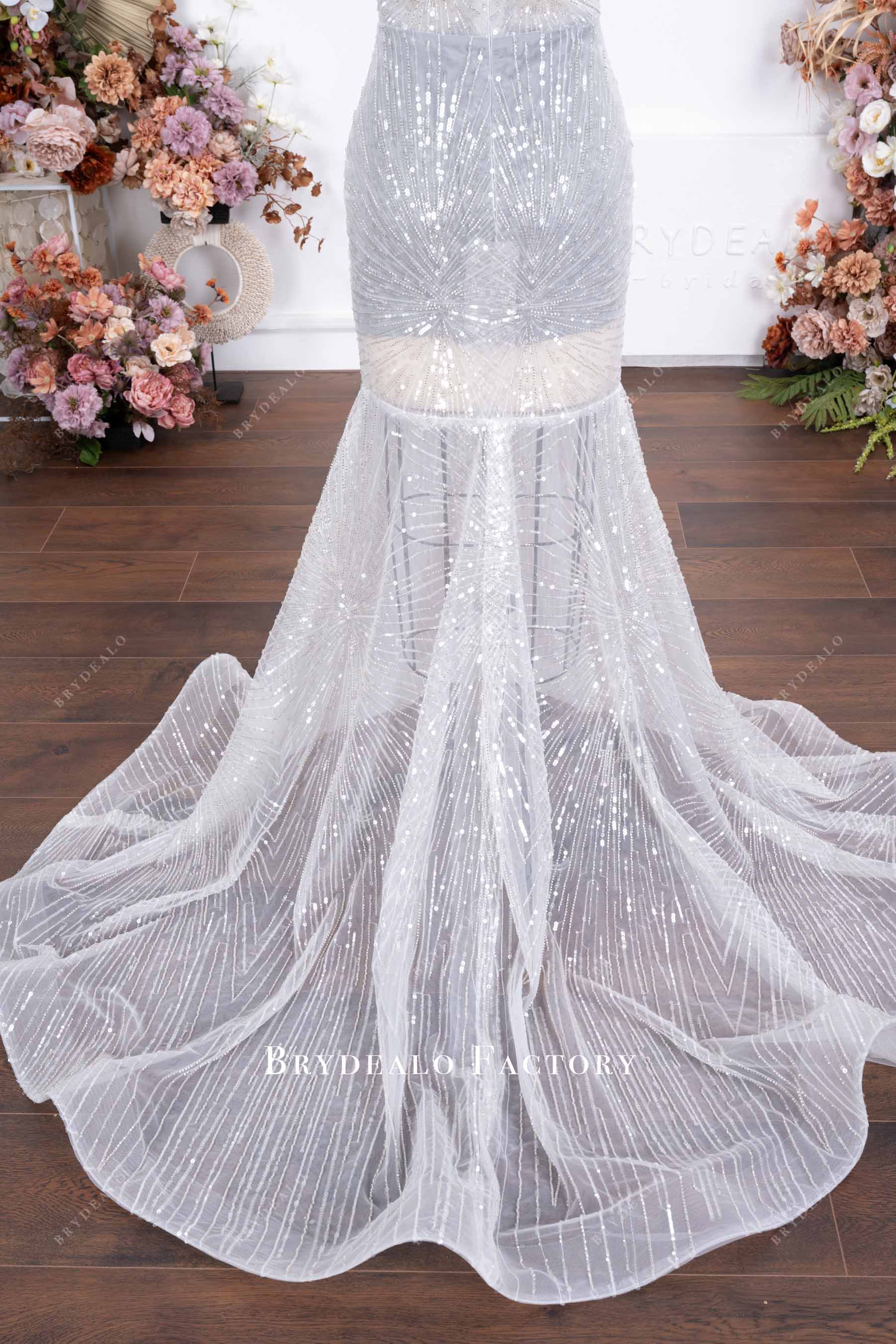 ruffled sheer sweep train prom gown