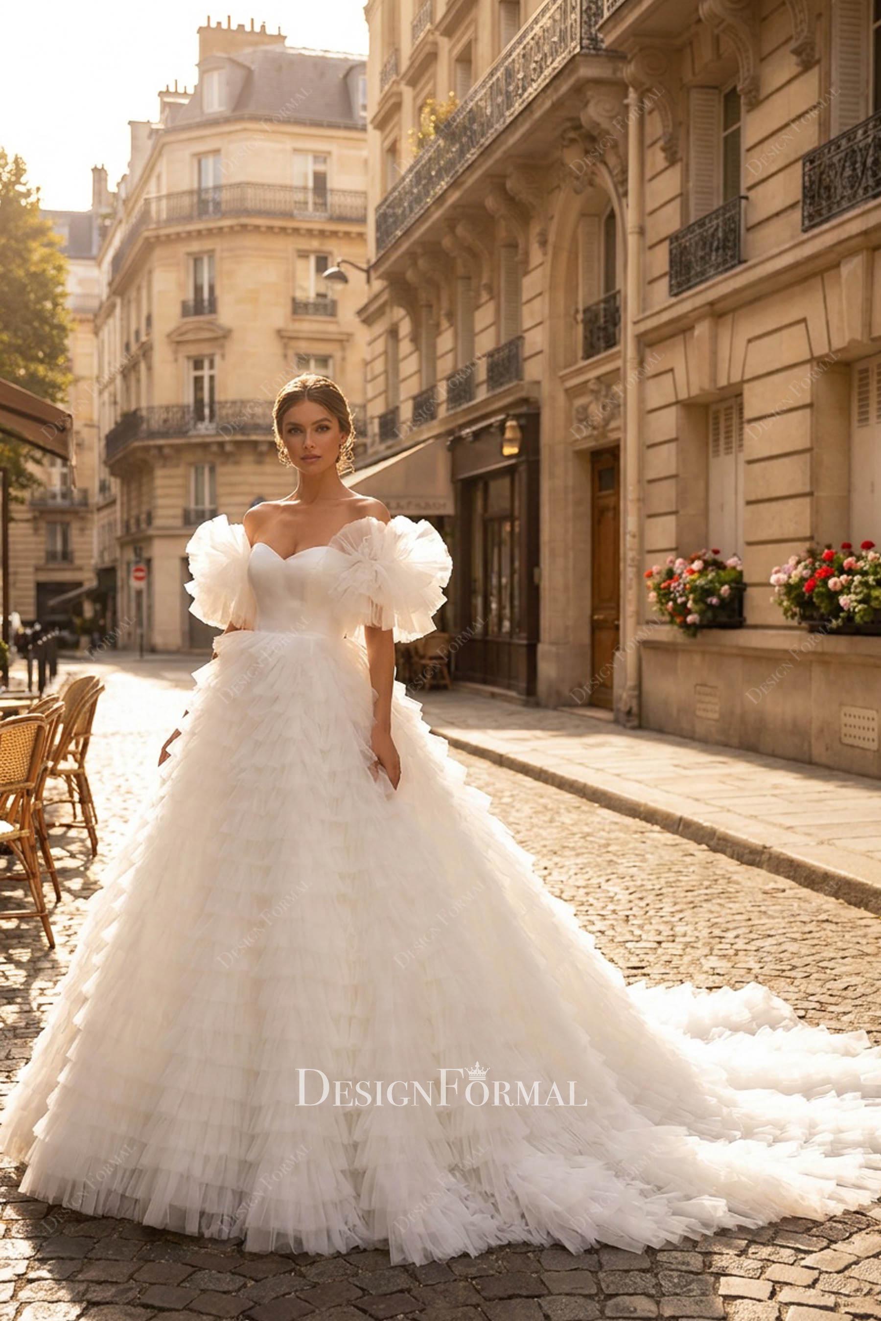 ruffled sleeves strapless wedding dress