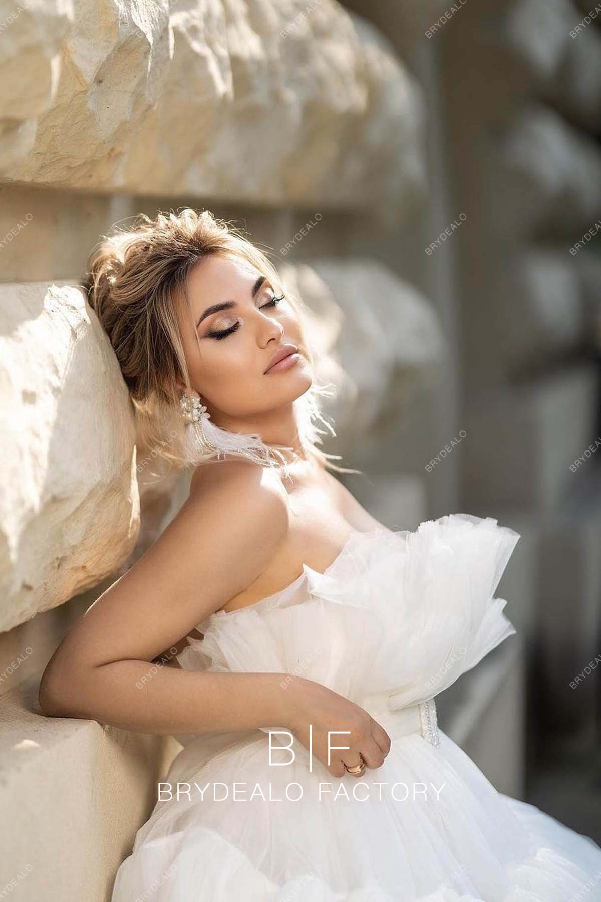 designer ruffled tulle strapless custom bridal gown