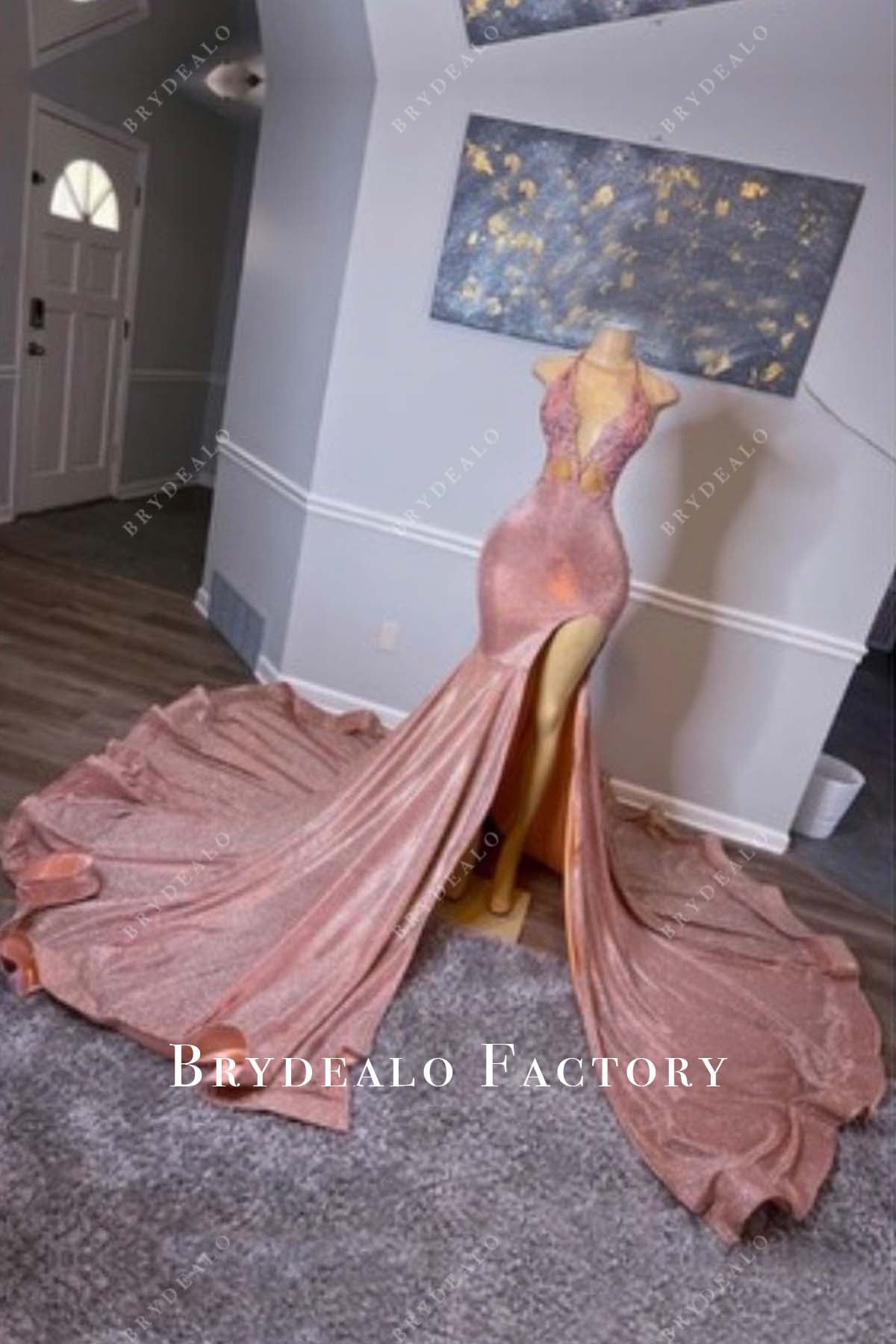 sachin and babi light blue dress Off the Shoulder Mermaid Champagne Satin Long Prom Dress with High Sli –  abcprom main image 0