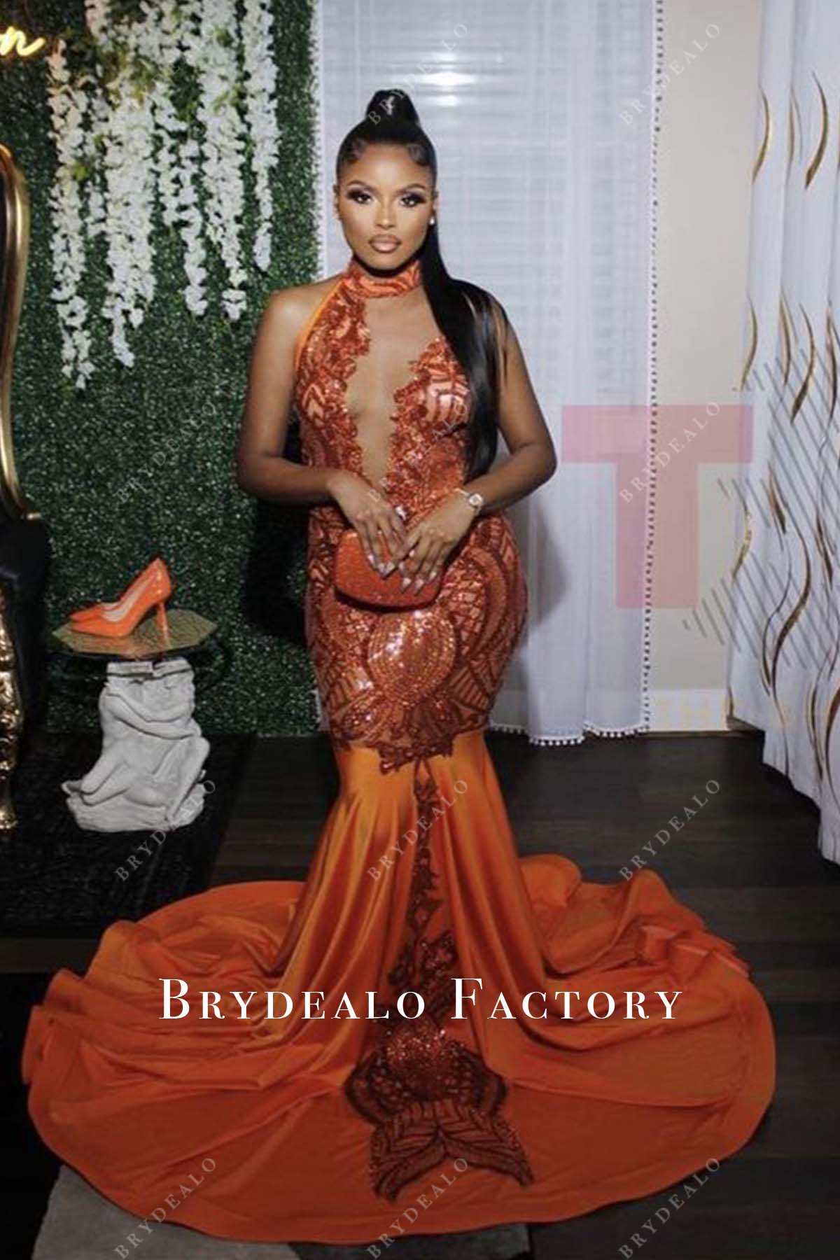 Rusty Sequin Halter Neck Jersey Mermaid Prom Dress