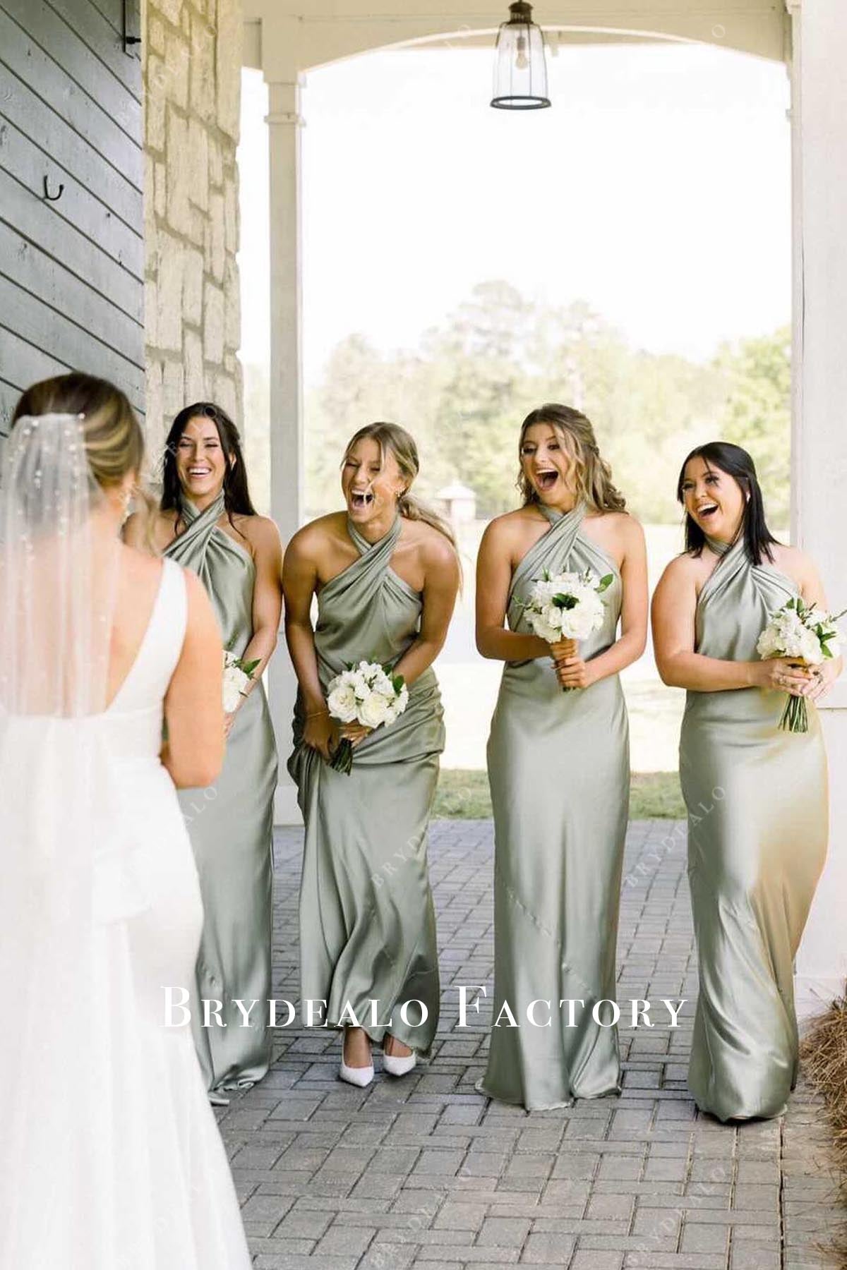 Sage Halter Fit Flare Floor Length Bridesmaid Dress Sage Halter Fit Flare Floor Length Bridesmaid Dress