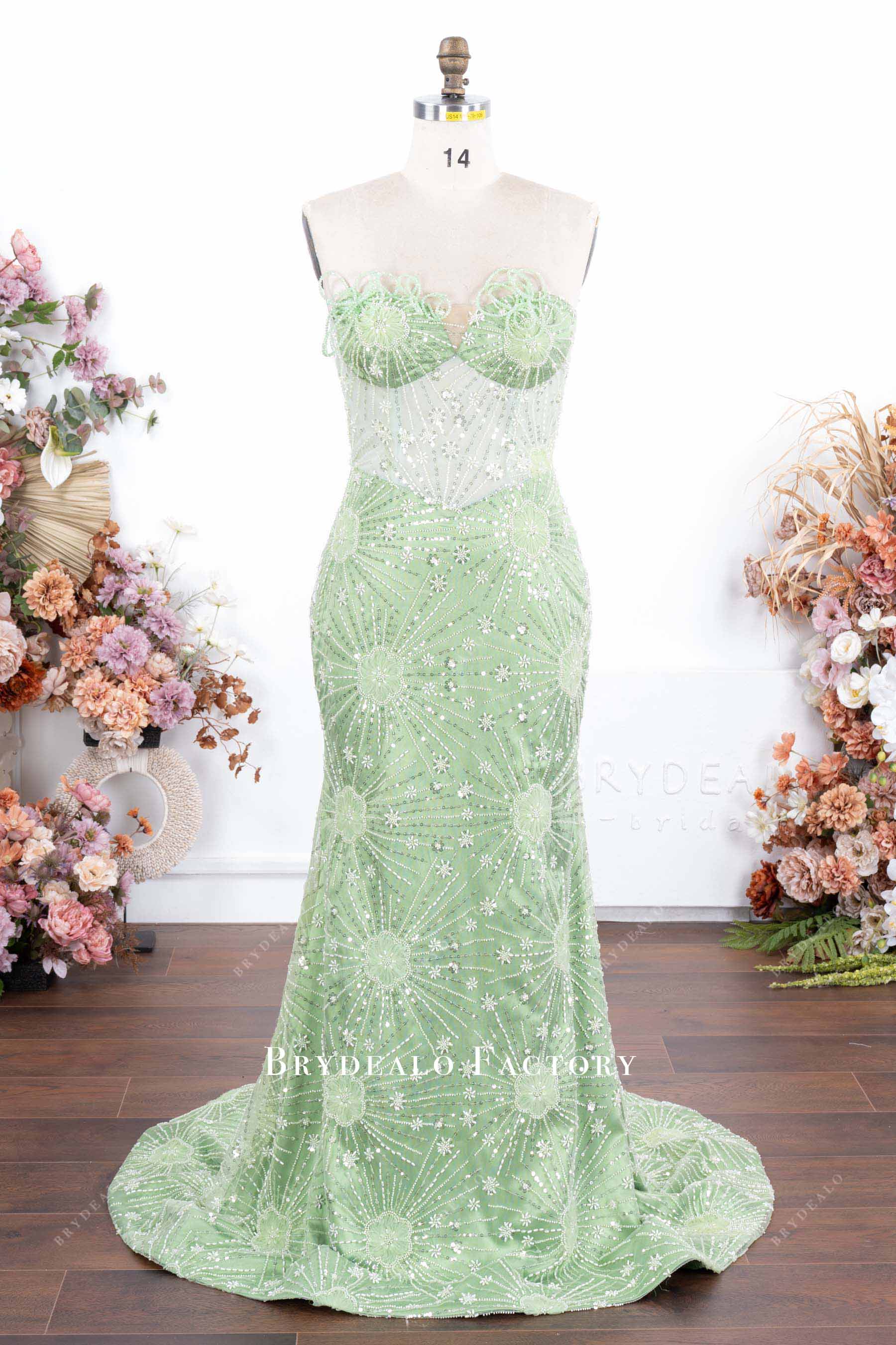 sage green mermaid designer prom dress