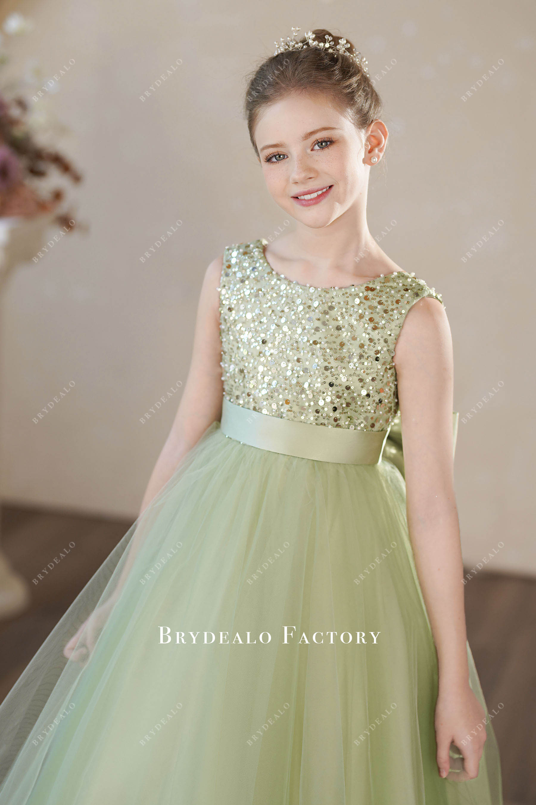 Sage Shimmer Sleeveless Tulle Pretty Big Bow Flower Girl Dress Sage Shimmer Sleeveless Tulle Pretty Big Bow Flower Girl Dress