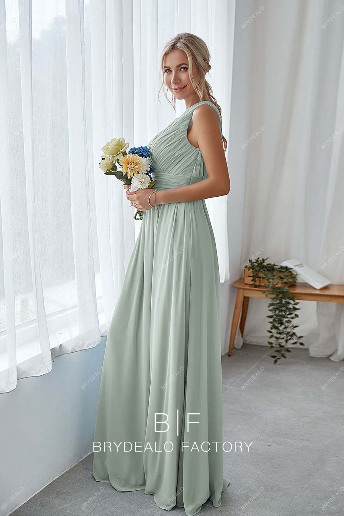 sage sleeveless chiffon long wedding party gown