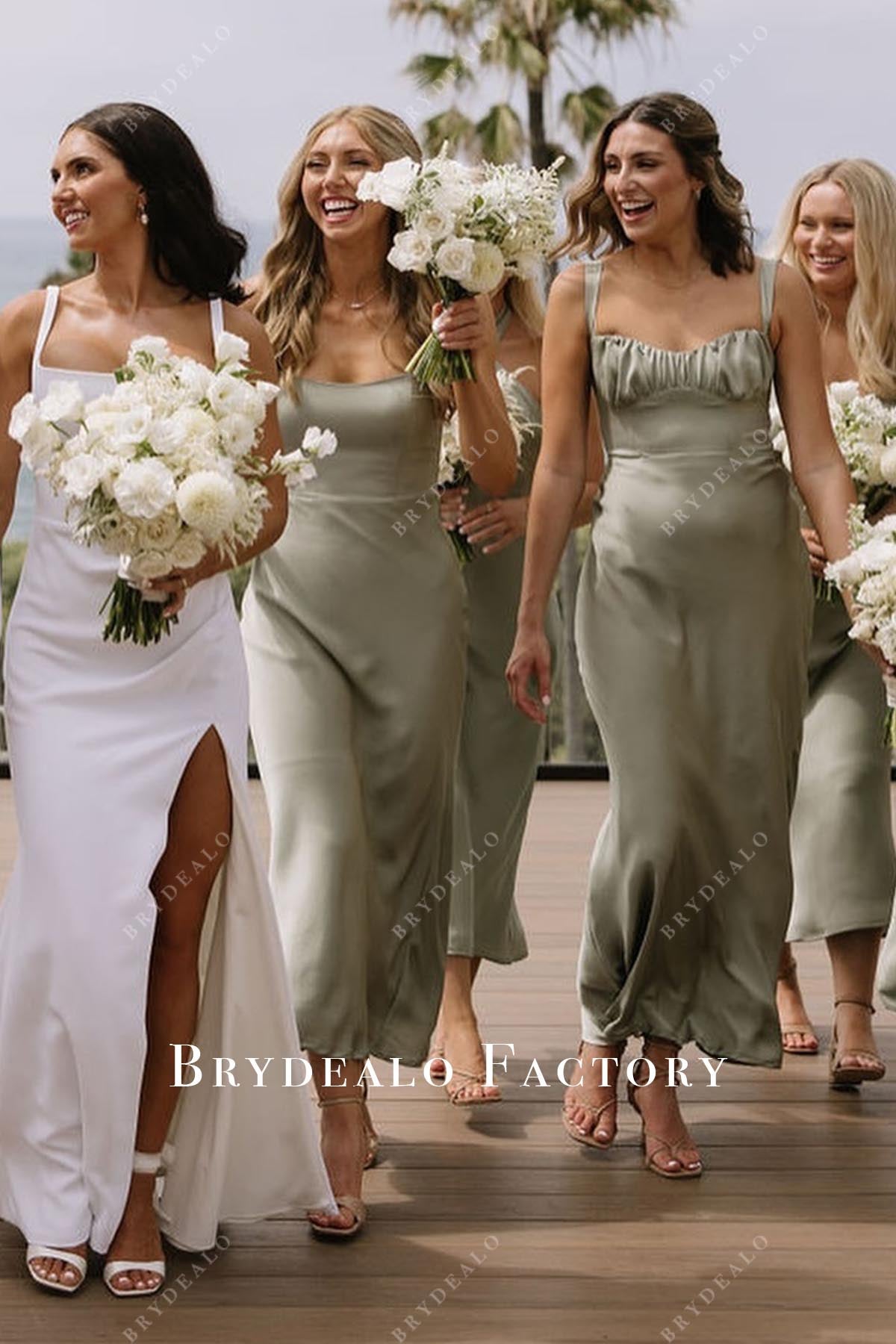 sage tea length mismatched bridesmaid dresses