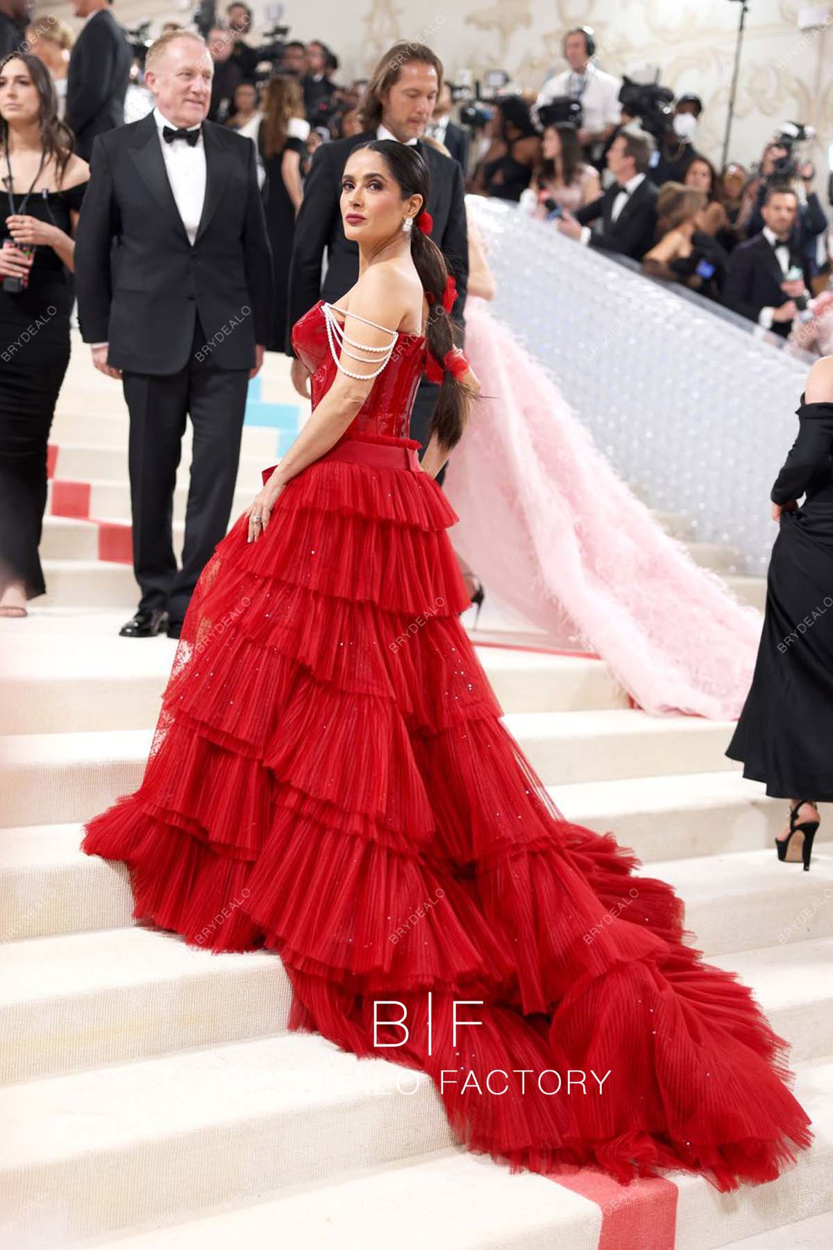 Salma Hayek 2023 Met Gala Red Long Train Dress