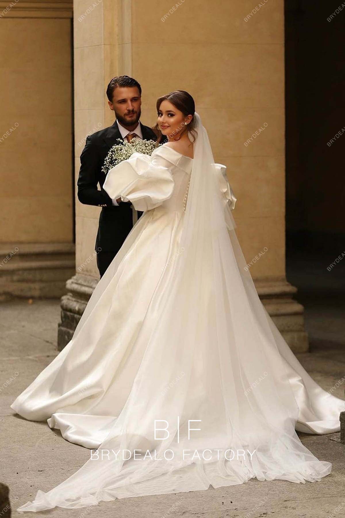 designer long train ball gown satin destination bridal gown