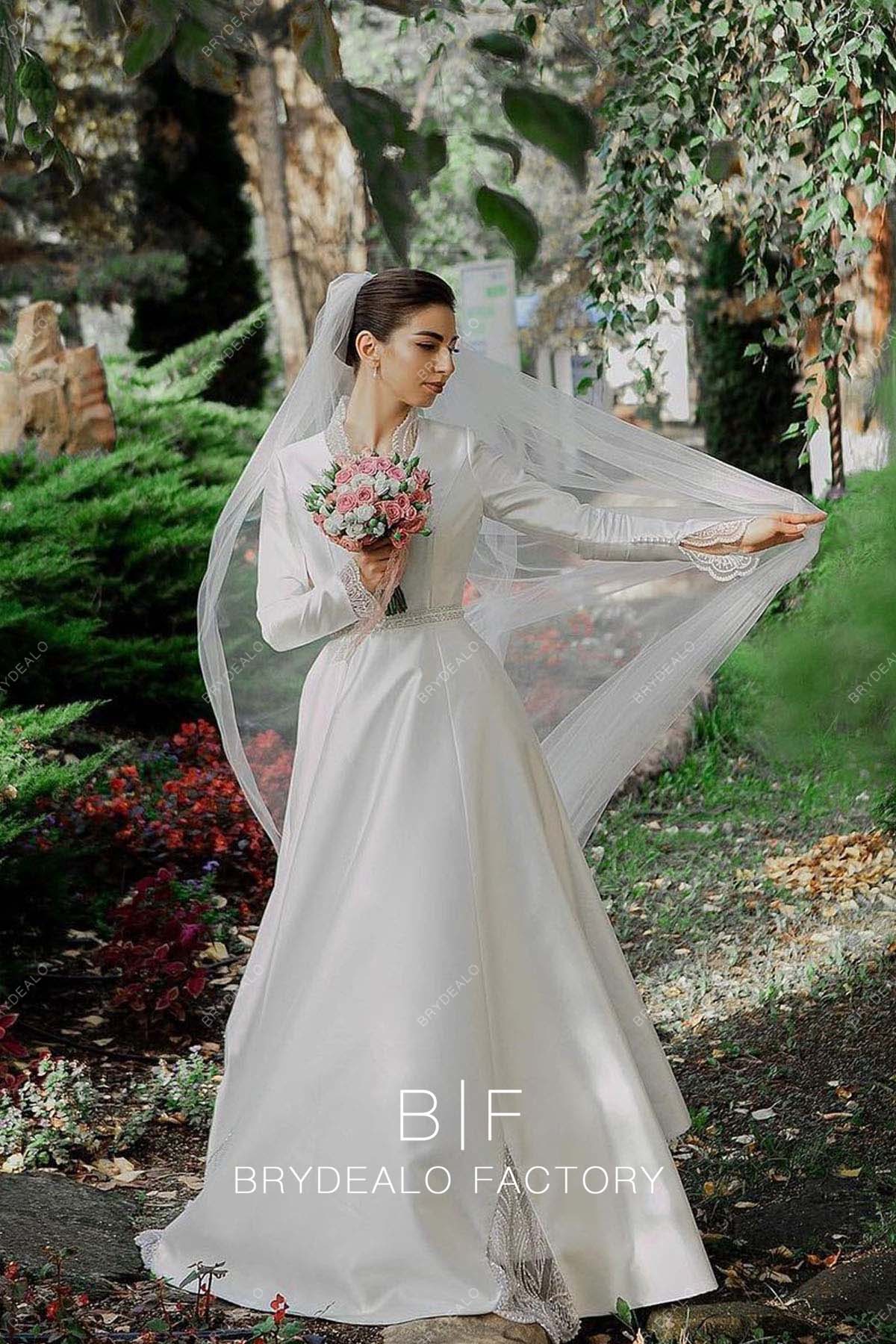 Vintage Satin Long Sleeves Modest Wedding Dress