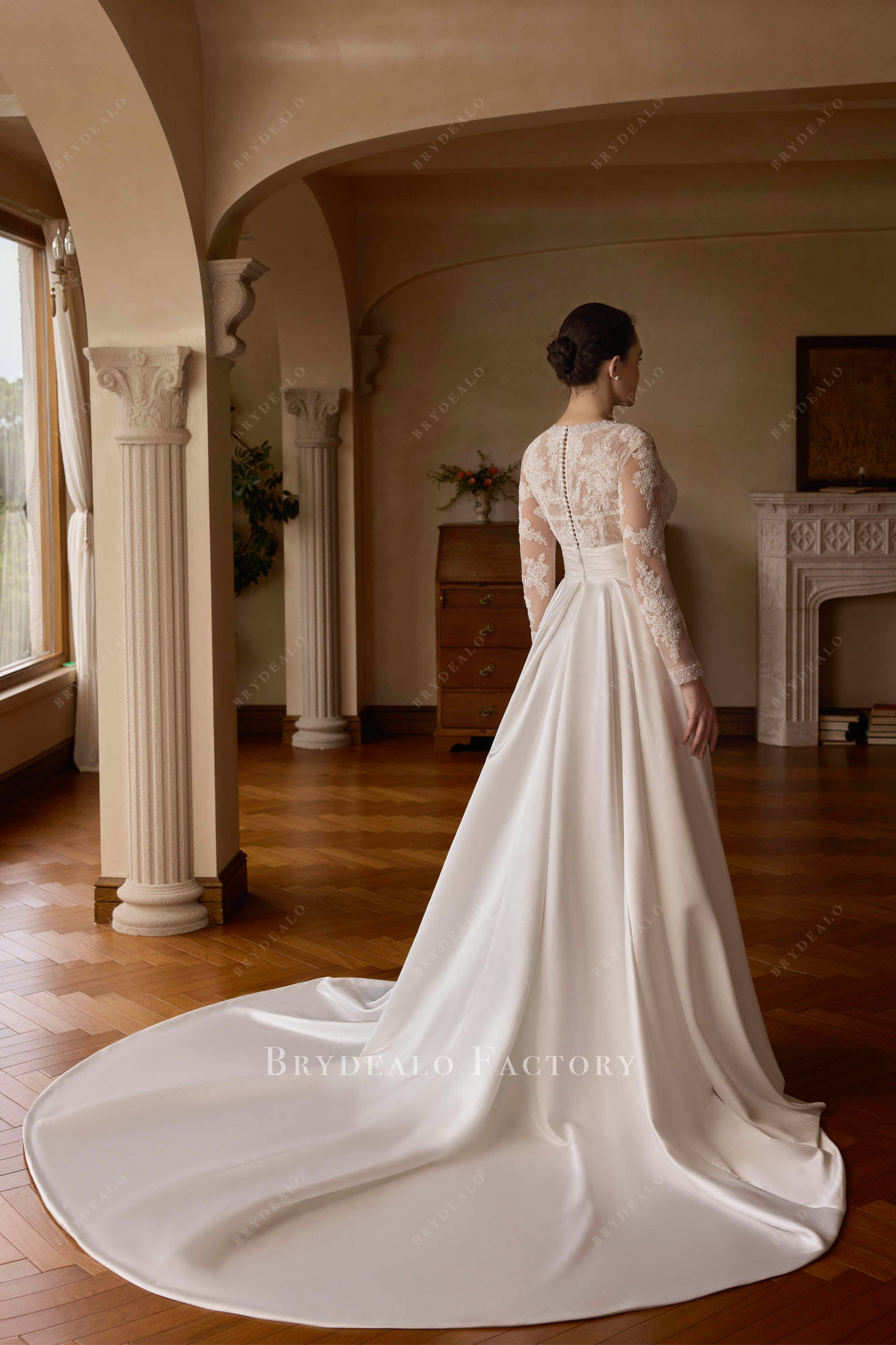 satin long train lace wedding dress