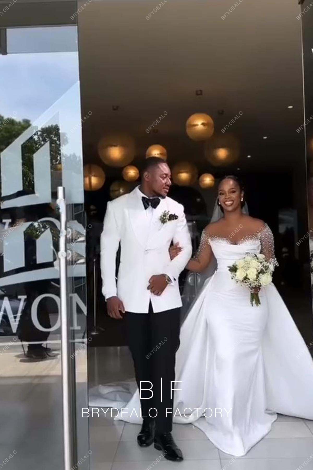 satin mermaid bridal dress with removable overskirt