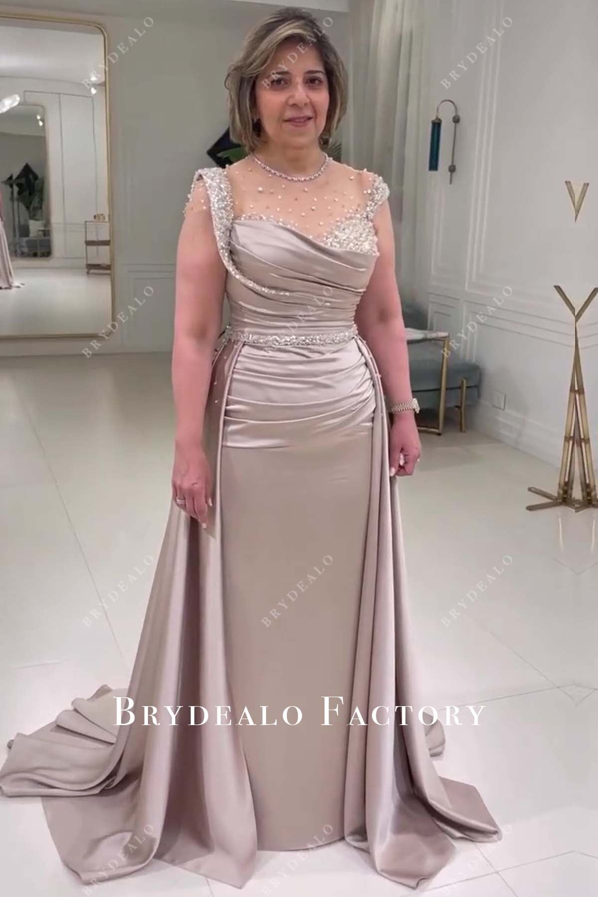 Shimmer Nude Satin Overskirt Mother of the Groom Dress