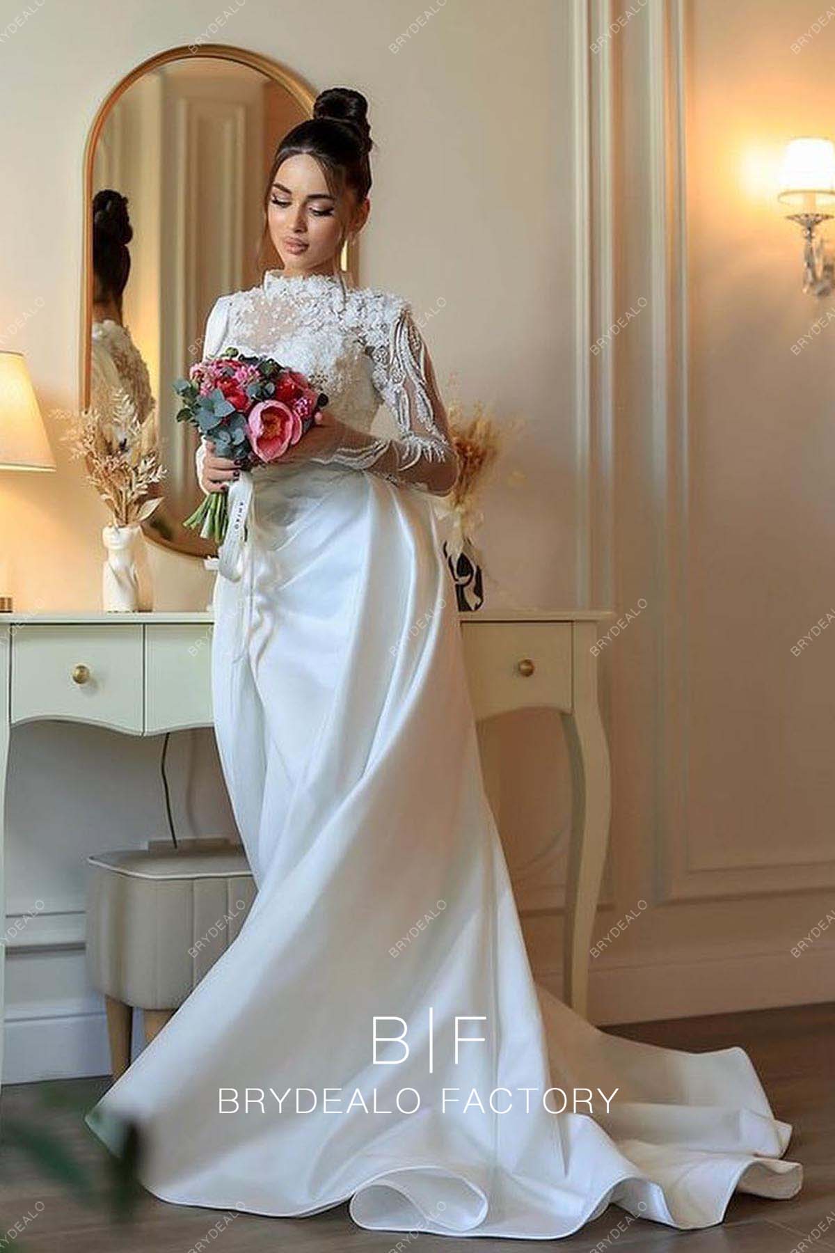 Designer Satin Overskirt Long Train Modern Wedding Dress