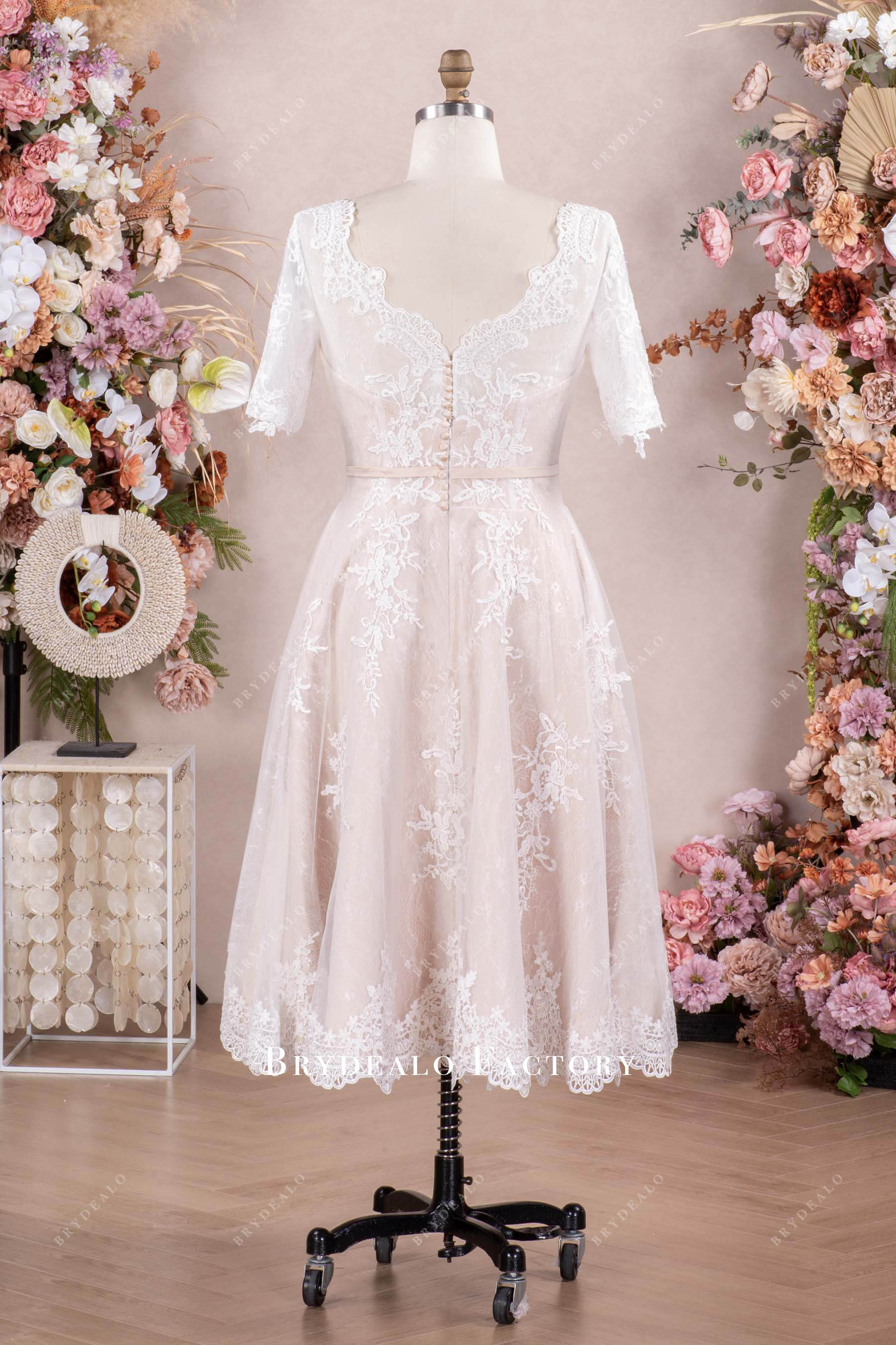 scalloped v back wedding dress