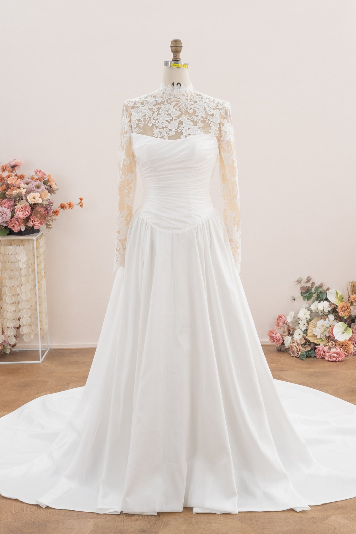scalloped high neck satin wedding dress