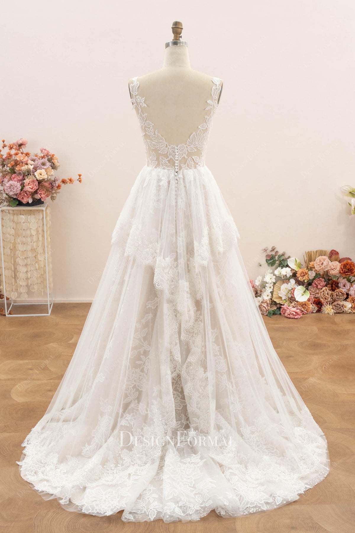 scalloped lace ruffles wedding dress