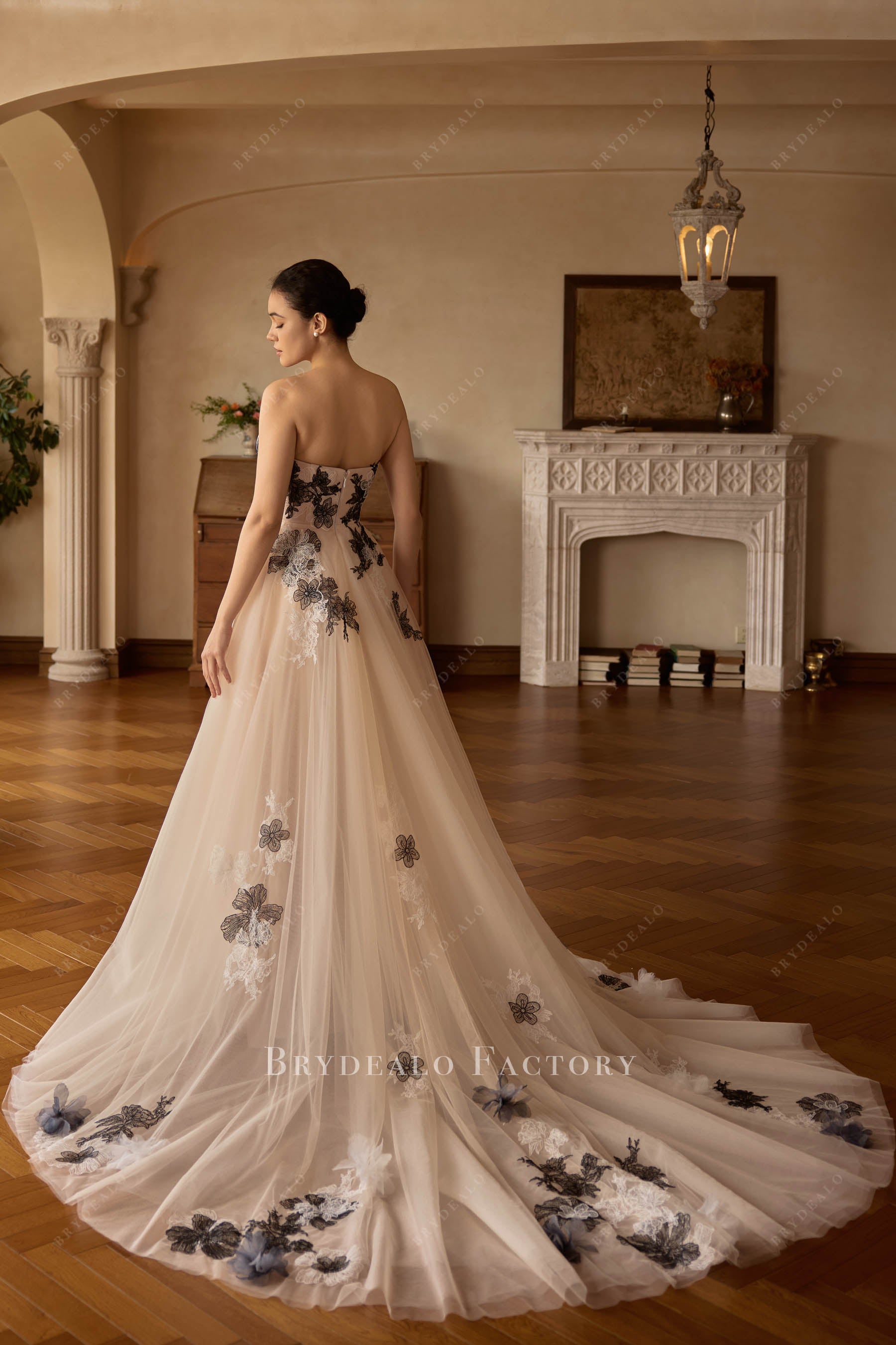 scattered lace chapel train wedding dress