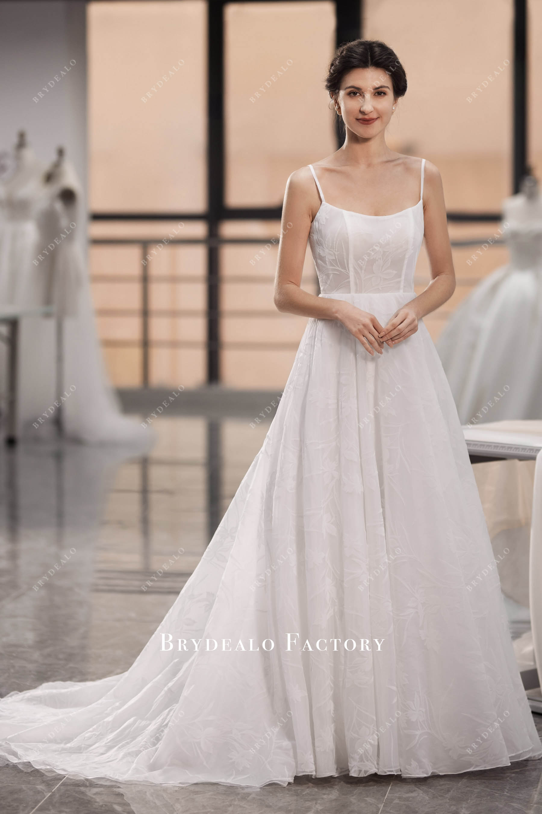 Designer Velvet Floral Organza Scoop Neck Wedding Dress