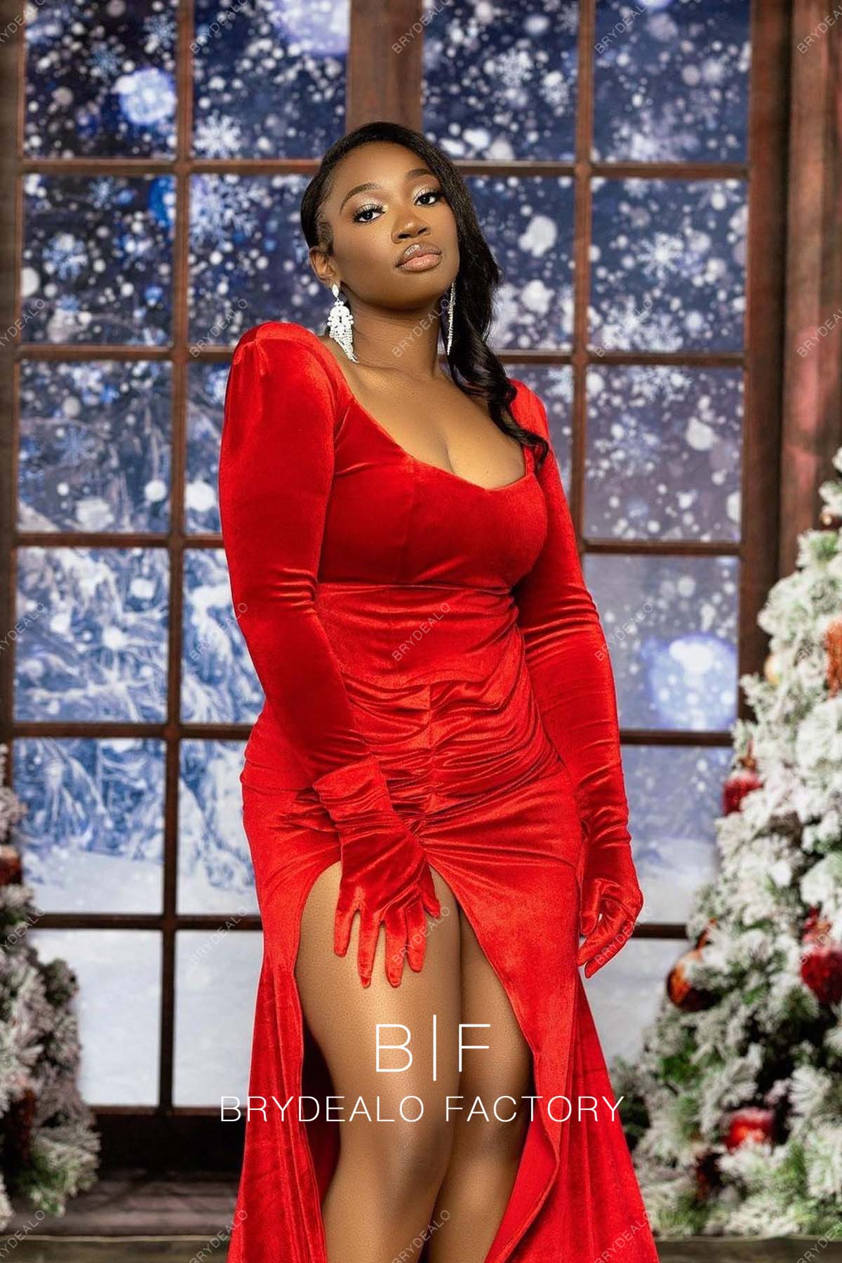 long sleeves scoop neck red Christmas Day Holiday Dress