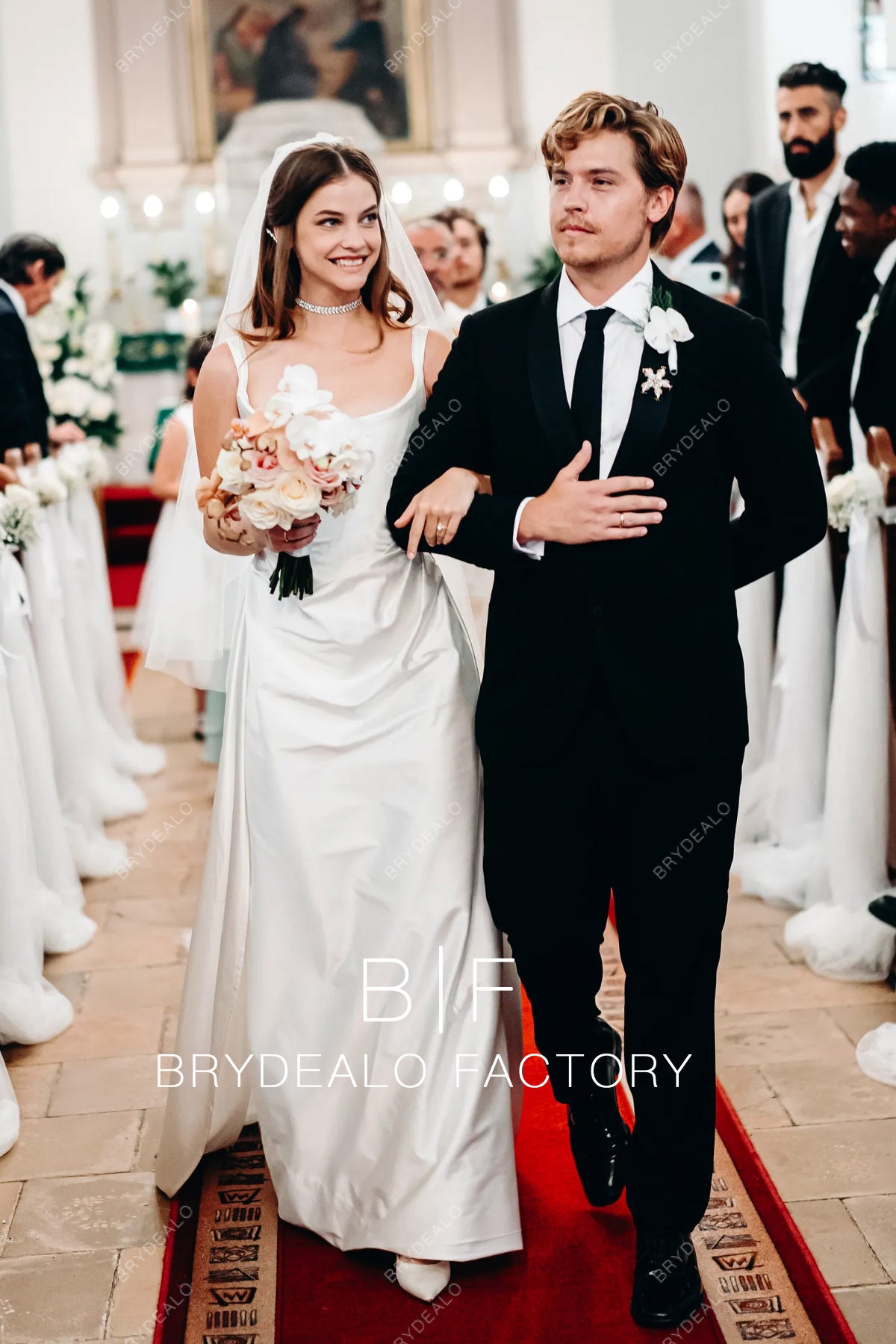 barbara palvin wedding dress designer Barbara Palvin Retro Ivory Satin Square Neck Church Wedding Dress, White / Dress+Veil