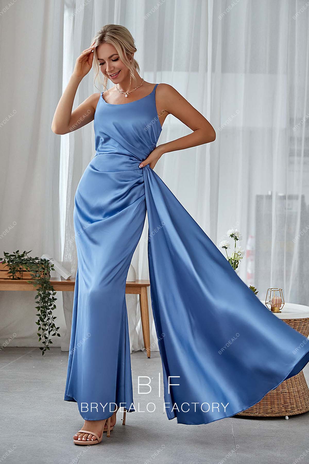 Scoop Satin Sheath Floor Length Bridesmaid Dress - Navy Blue