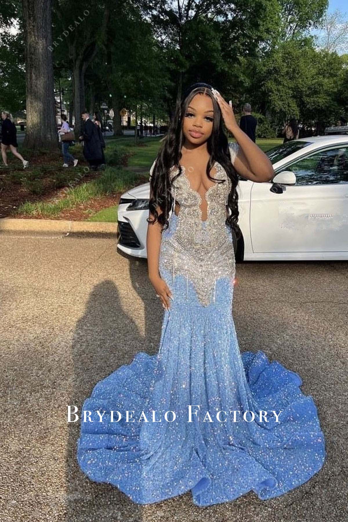 Sleeveless Blue Horsehair Chapel Train Rhinestone Prom Dress