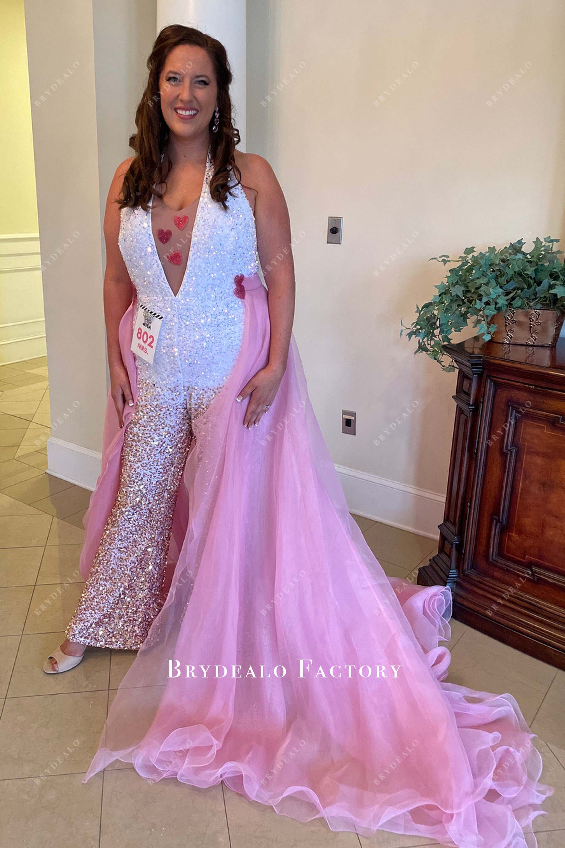 White Sequin Plunging Halter Neck Pageant Jumpsuit with Overskirt, Jumpsuit Only
