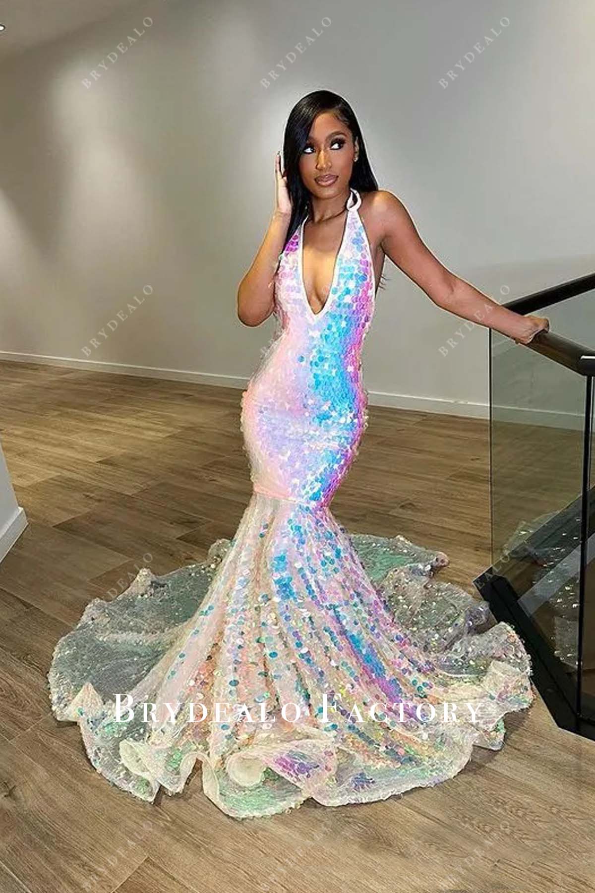 Sparkly Sequin Sleeveless Deep V Halter Mermaid Long Train Prom Dress