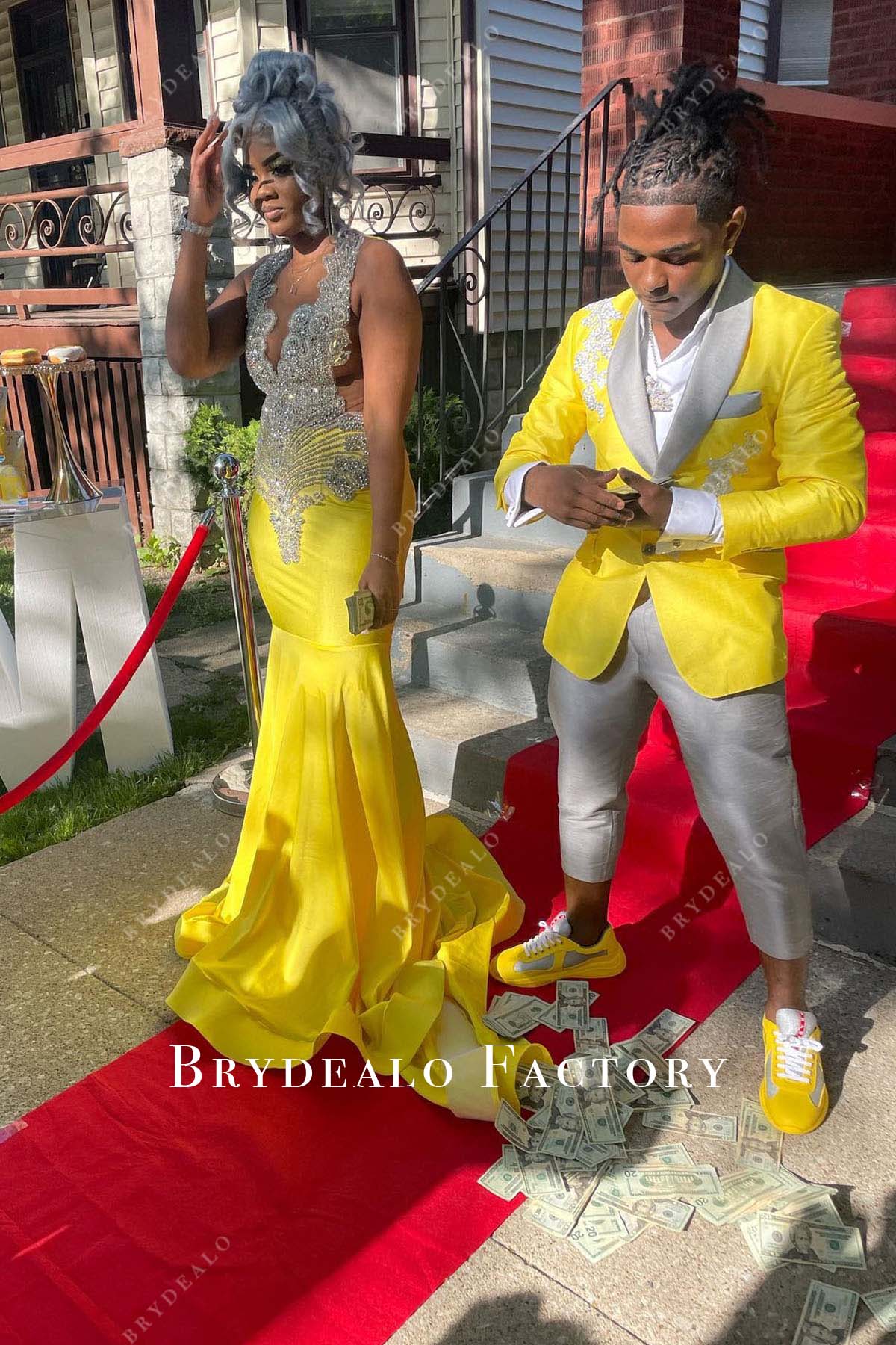 yellow dress grey tux Yellow Jersey Mermaid Silver Rhinestone Prom Formal Dress