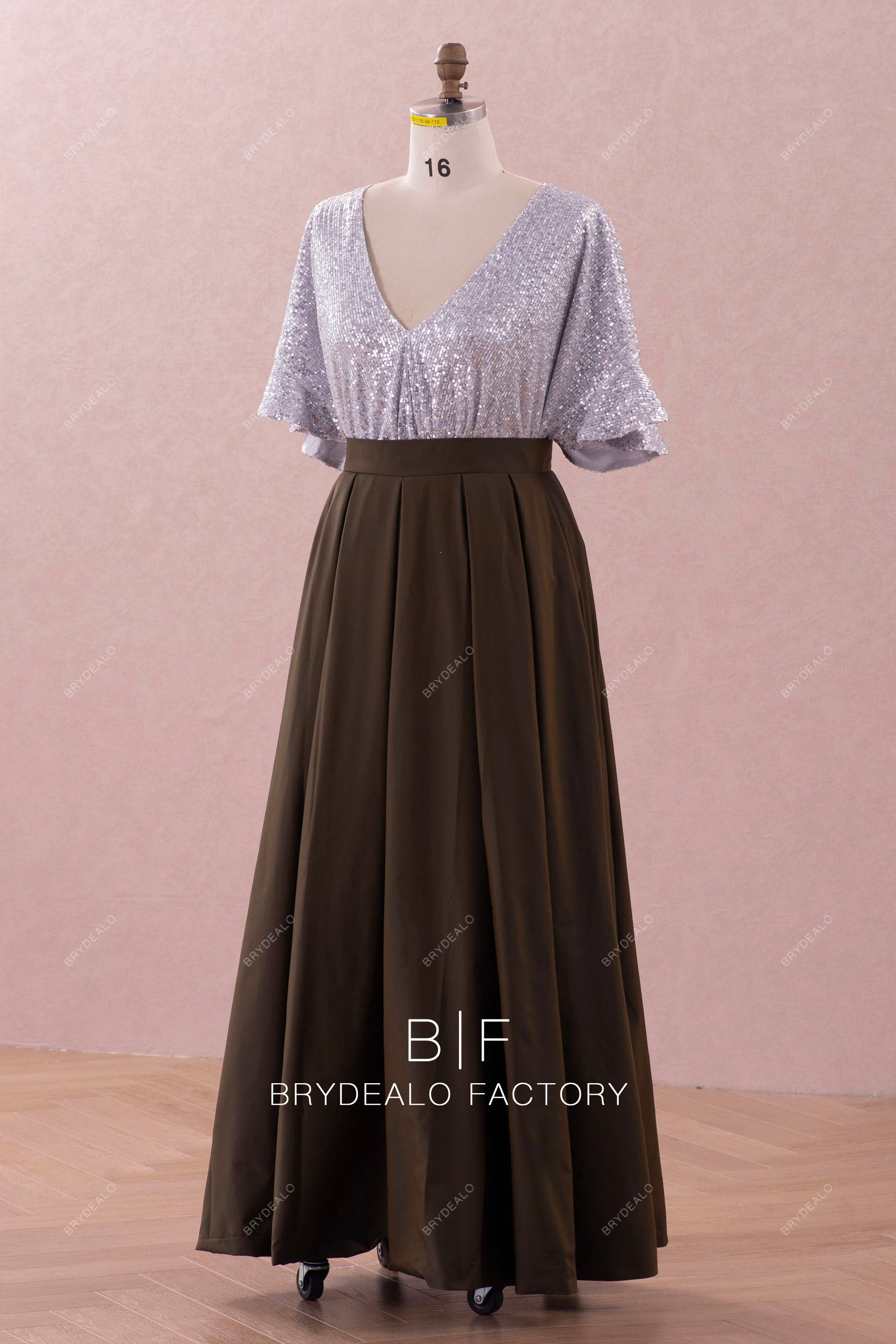 Silver Sequined Top Army Green Formal Dress