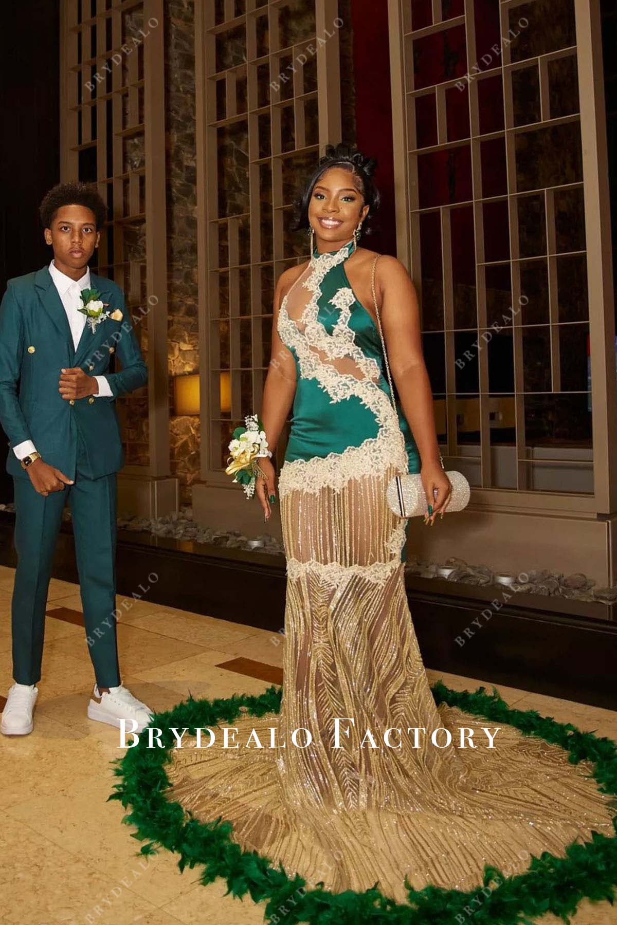 Plus Size Evening Dresses Prom Dresses For Full Figure Halter Neck Green Feather Gold Glitter Mermaid Prom Dress Plus Size Evening Dresses Prom Dresses For Full Figure Halter Neck Green Feather Gold Glitter Mermaid Prom Dress
