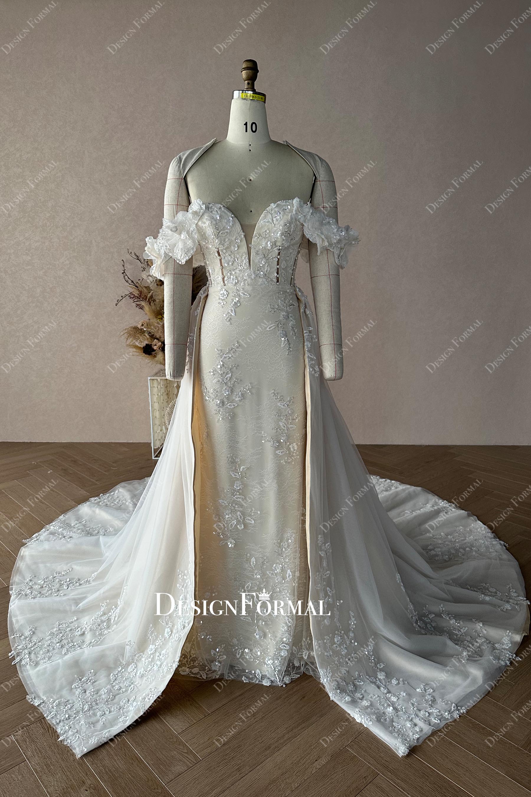 custom sequined lace champagne overskirt bridal dress