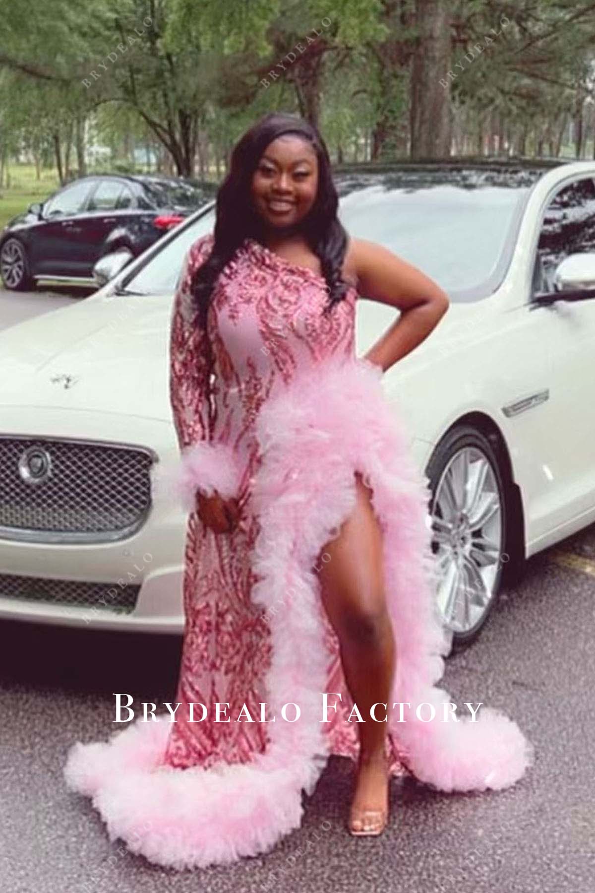 one sleeve prom dress Plus Size Pink Sequined One Sleeve Tulle Slit Prom Dress