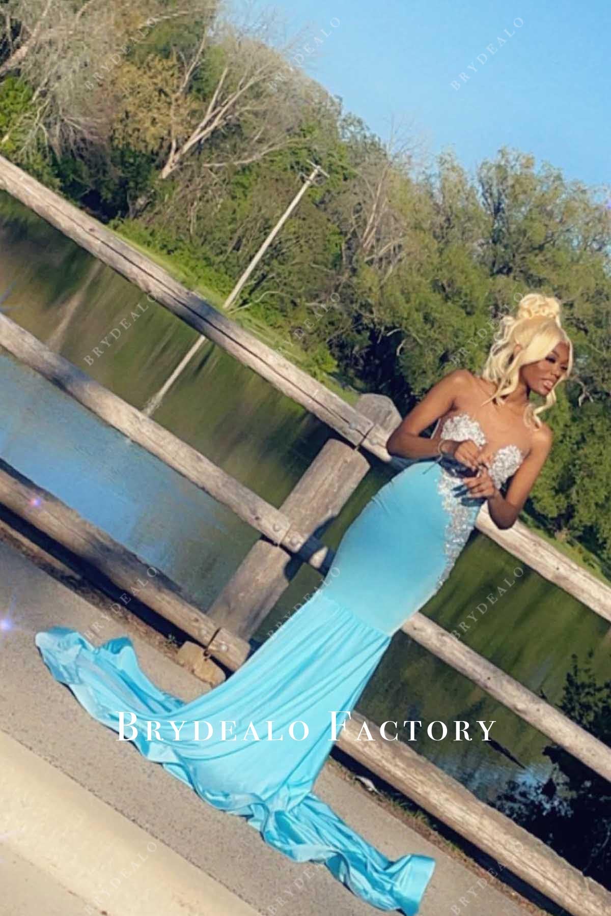 sequined pool illusion neck prom dress