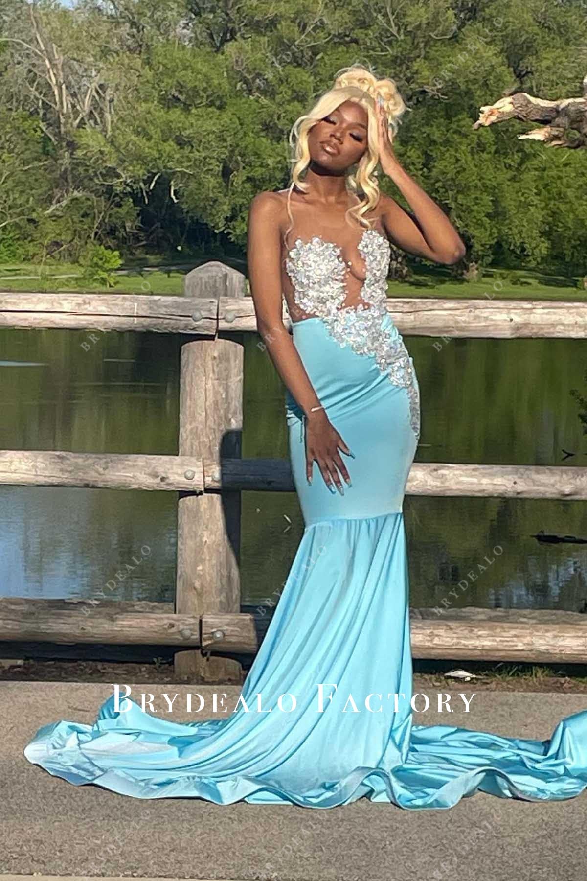 light teal prom dress Sequins Lace Illusion Neck Pool Trumpet Prom Dress