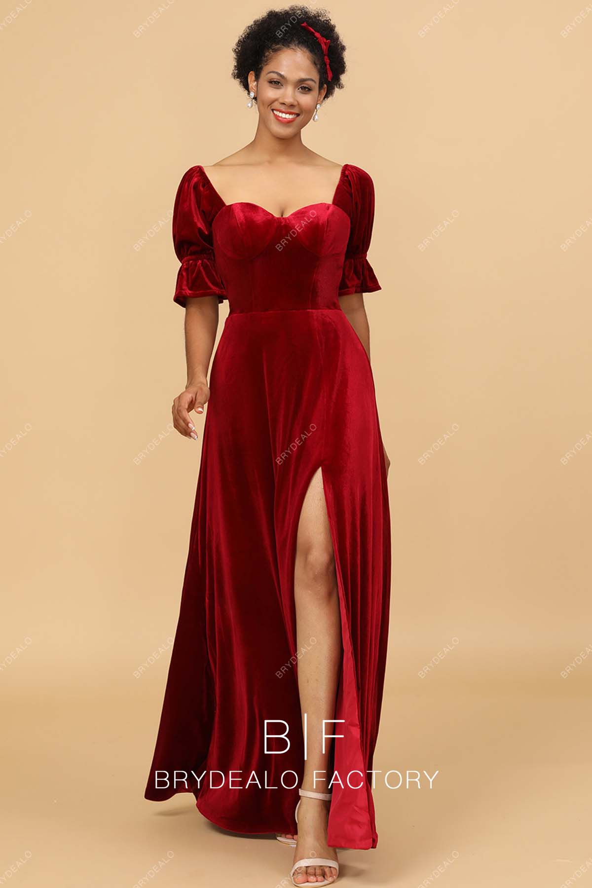 Red Velvet Half Sleeves Slit A-line Elegant Long Bridesmaid Dress