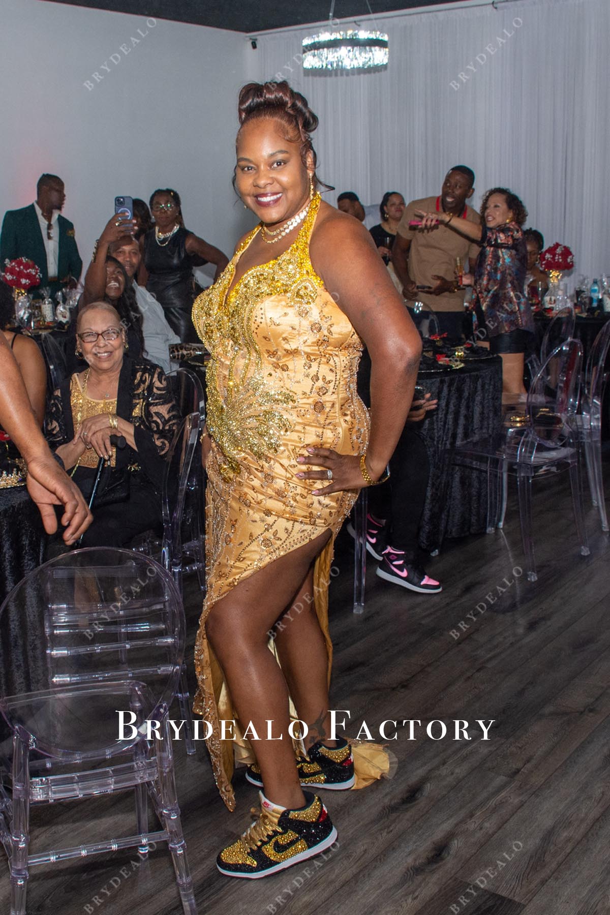 sexy slit gold 50th birthday party dress