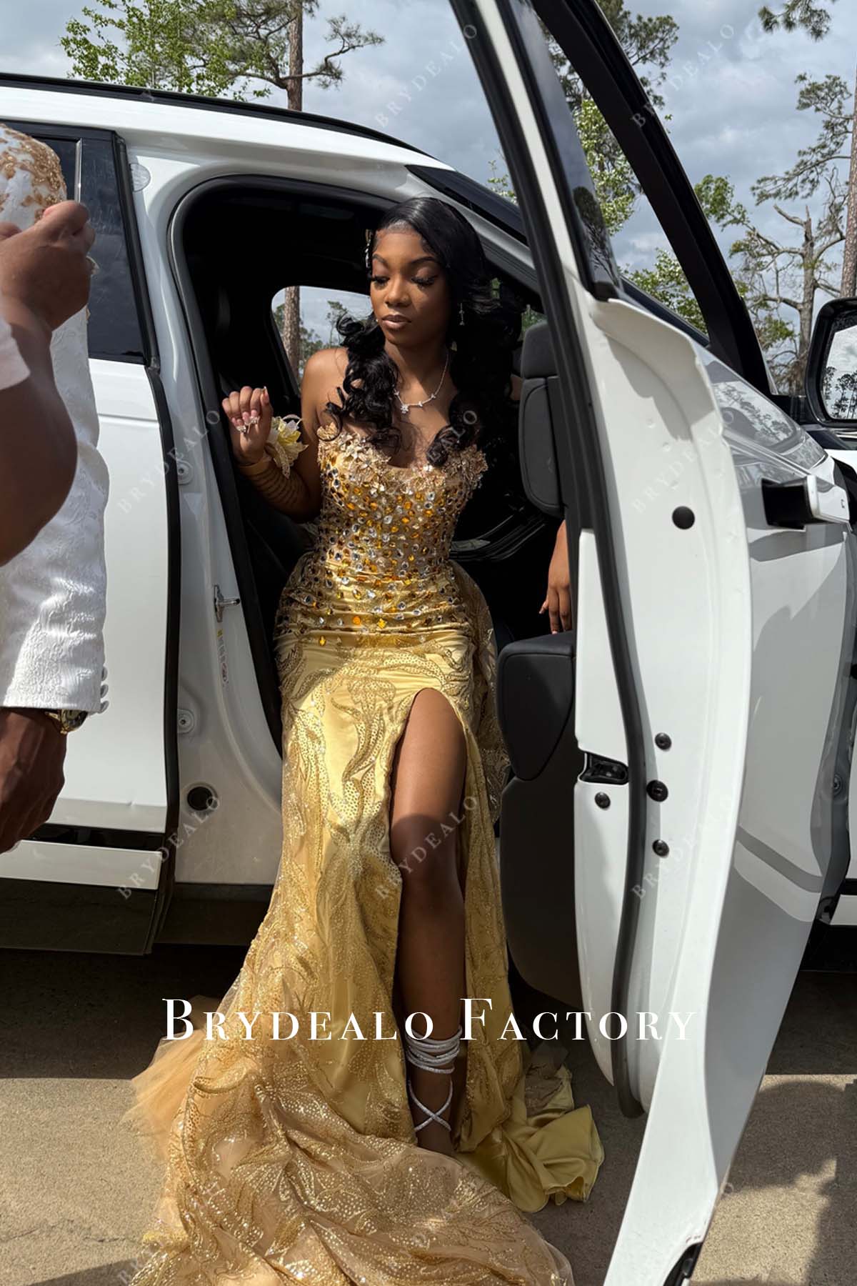 sexy slit gold shimmer prom dress