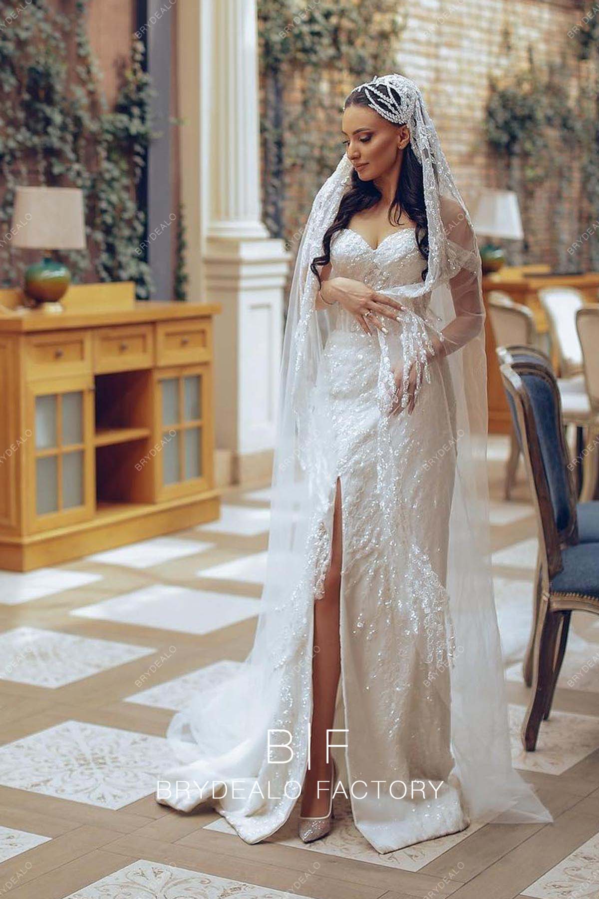sexy slit A-line long off shoulder wedding dress