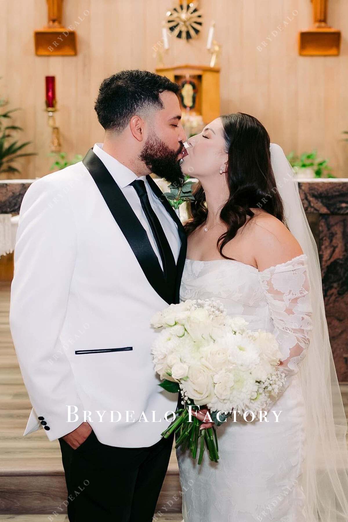 sheer lace detachable sleeves mermaid wedding dress