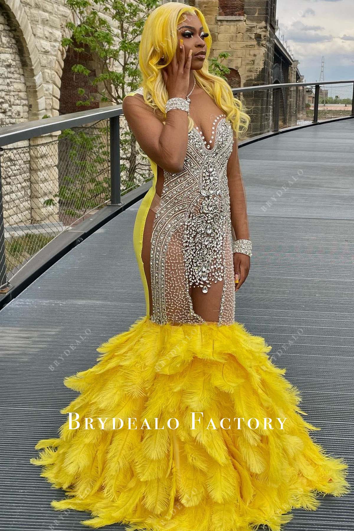 Rhinestones Sheer Sleeves Yellow Feathered Trumpet Prom Dress Rhinestones Sheer Sleeves Yellow Feathered Trumpet Prom Dress
