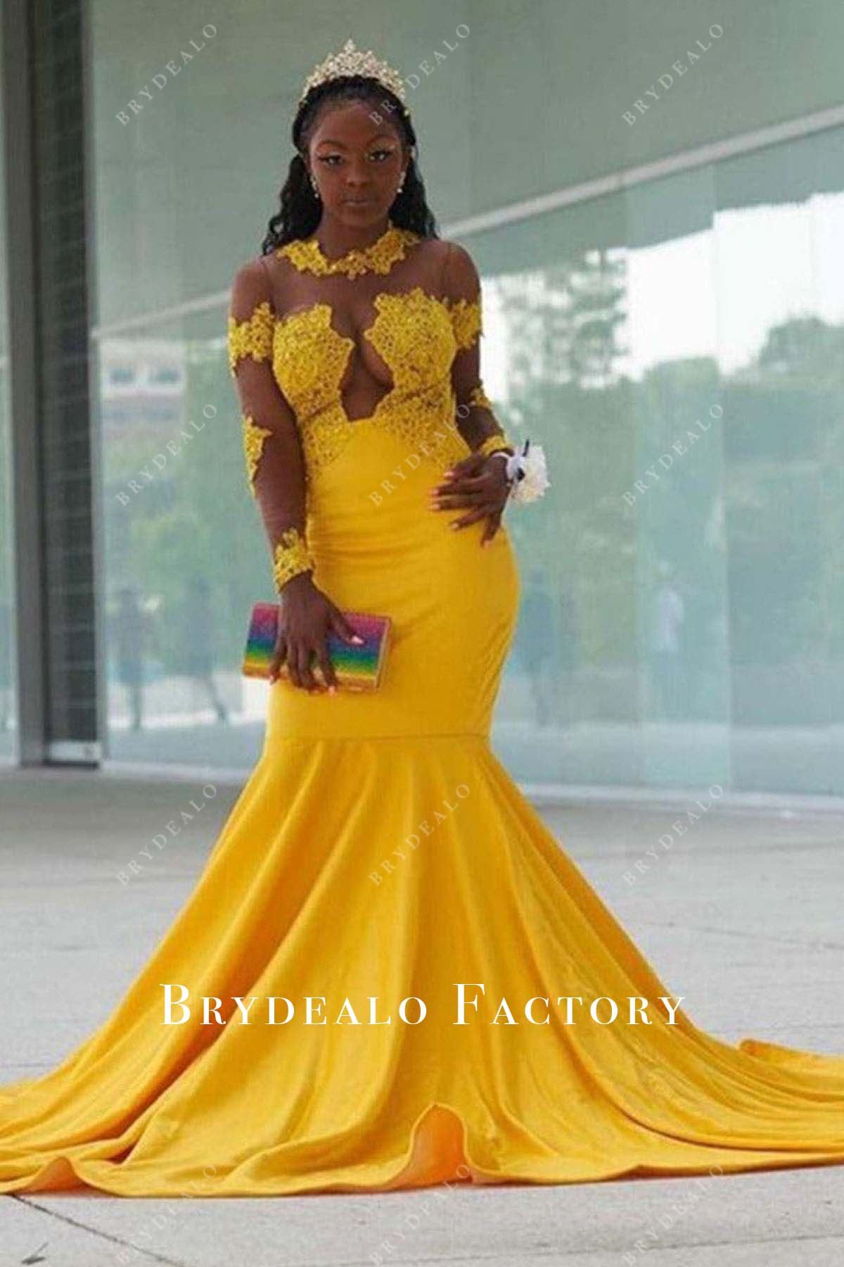 Yellow Lace Sequined Sheer Sleeves Trumpet Prom Dress Yellow Lace Sequined Sheer Sleeves Trumpet Prom Dress