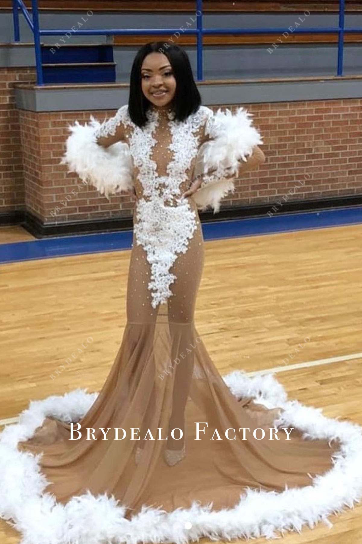 White Lace Feathers Nude Beige Sheer Mermaid Prom Dress, Dress + Feather Scarf
