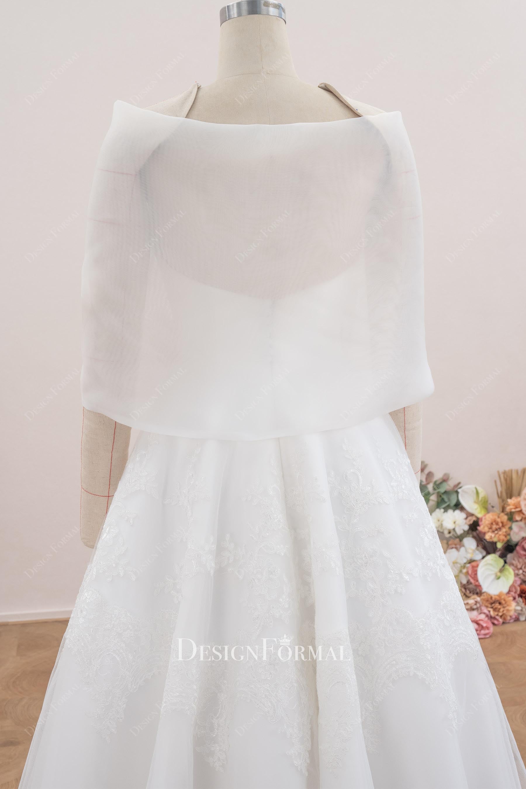 sheer organza wrap wedding dress