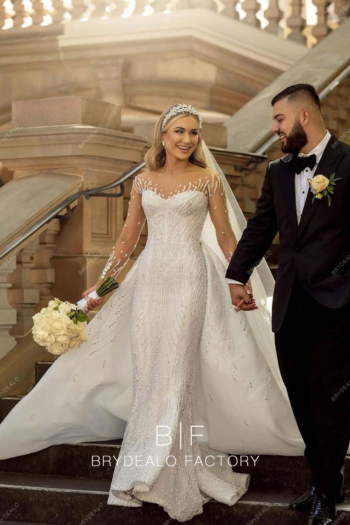 Luxury beaded Illusion Neck Sheer Sleeve Mermaid Overskirt Bridal Dress Luxury beaded Illusion Neck Sheer Sleeve Mermaid Overskirt Bridal Dress