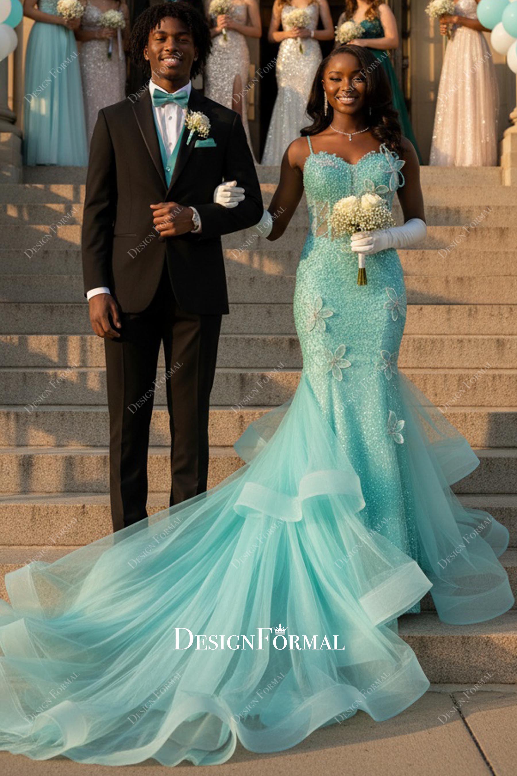3D Flowers Mint Shimmer Mermaid Horsehair Tiered Long Train Prom Dress 3D Flowers Mint Shimmer Mermaid Horsehair Tiered Long Train Prom Dress
