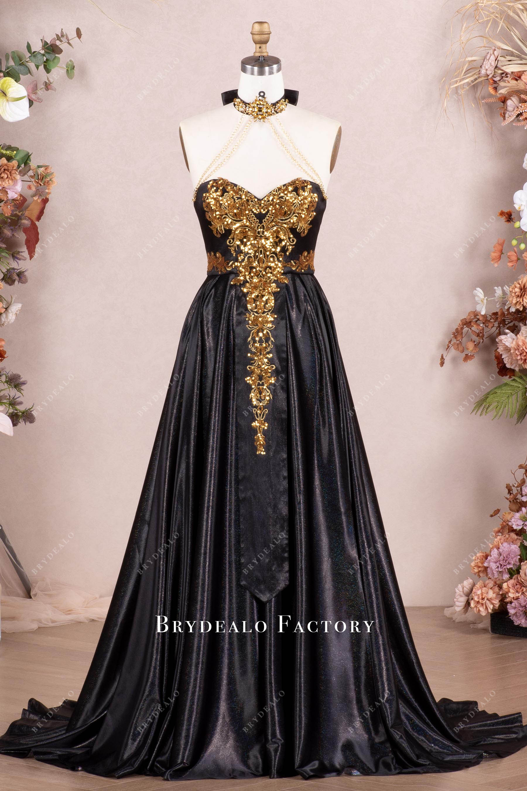 black prom dress with gold accents Sweetheart Neck Black Prom Dress with Gold Lace, Black Gold Lace Forma jbydress