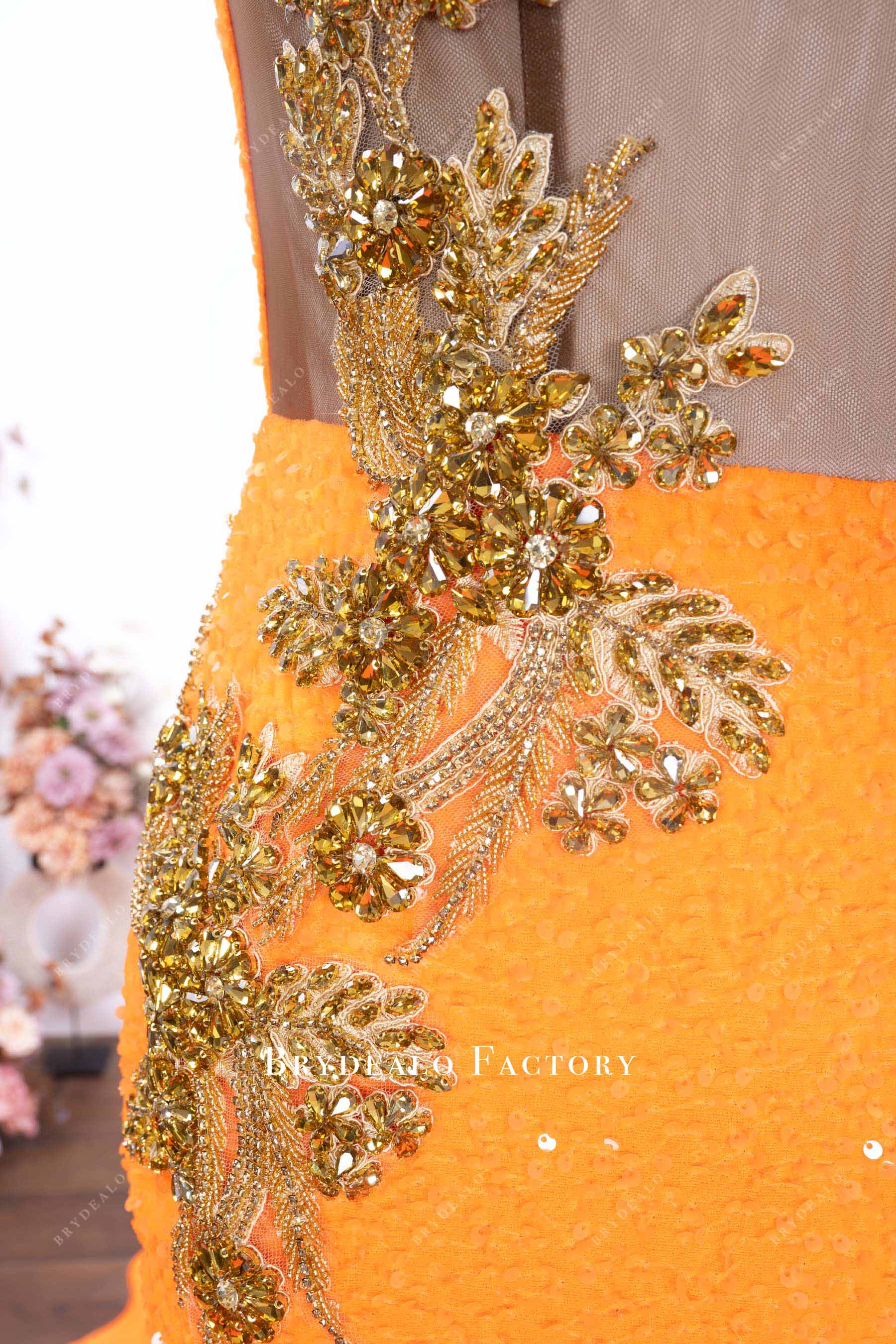 shimmery crystals orange prom dress